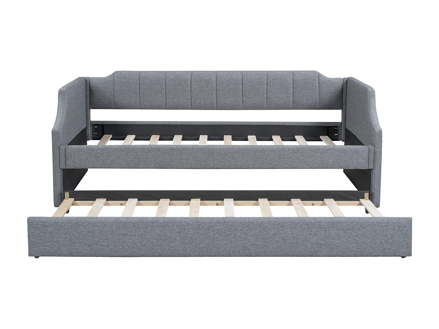 Lit banquette 90x200 cm, lin gris, avec lit gigogne et sommier à lattes - sans matelas