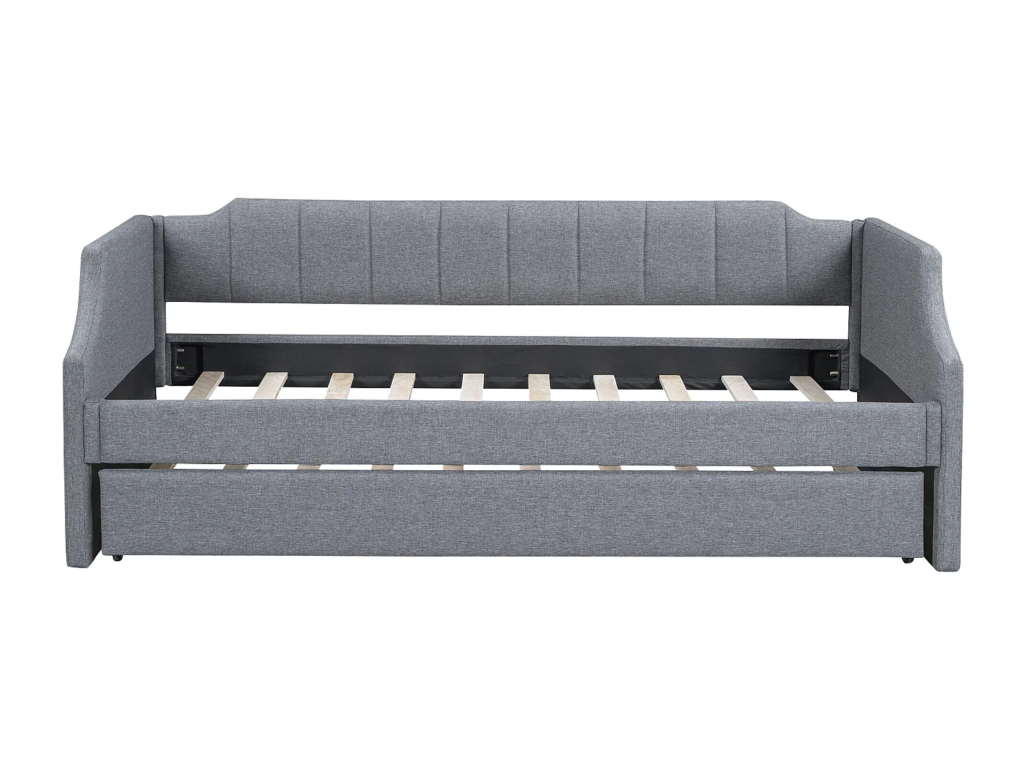 Lit banquette 90x200 cm, lin gris, avec lit gigogne et sommier à lattes - sans matelas