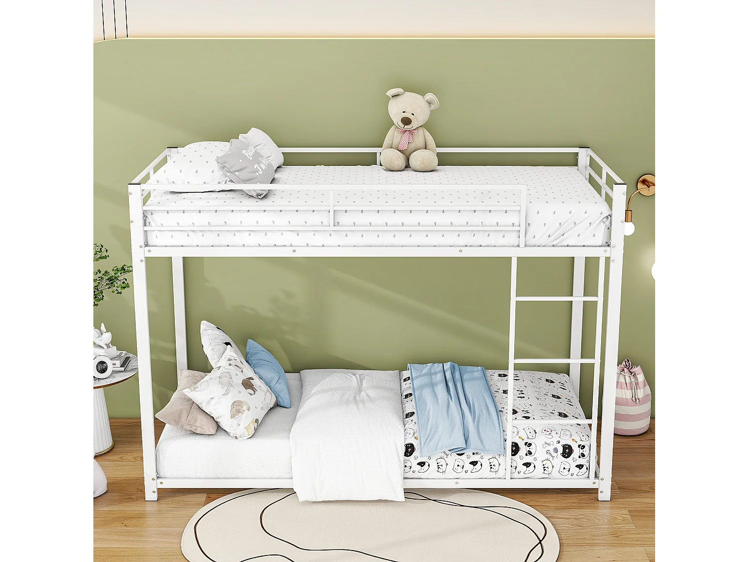 Lit superposé 90x200 cm lit enfant 2 places  avec barrière et sommier à lattes en métal - blanc - sans matelas