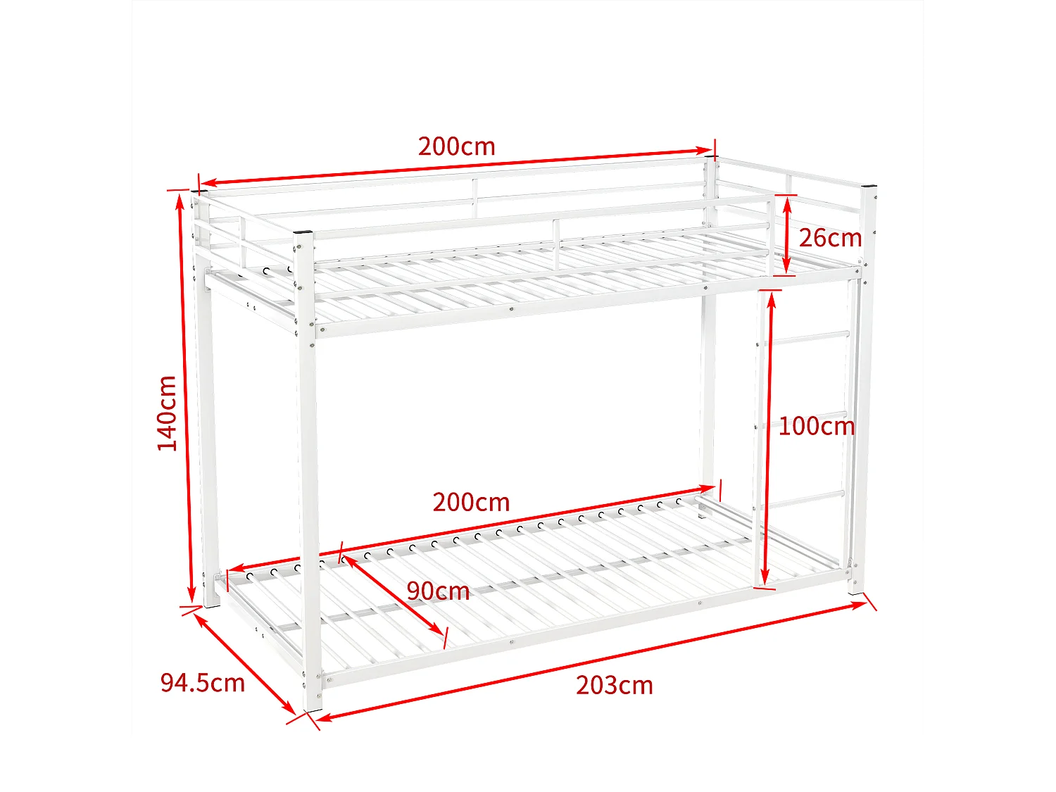 Lit superposé 90x200 cm lit enfant 2 places  avec barrière et sommier à lattes en métal - blanc - sans matelas