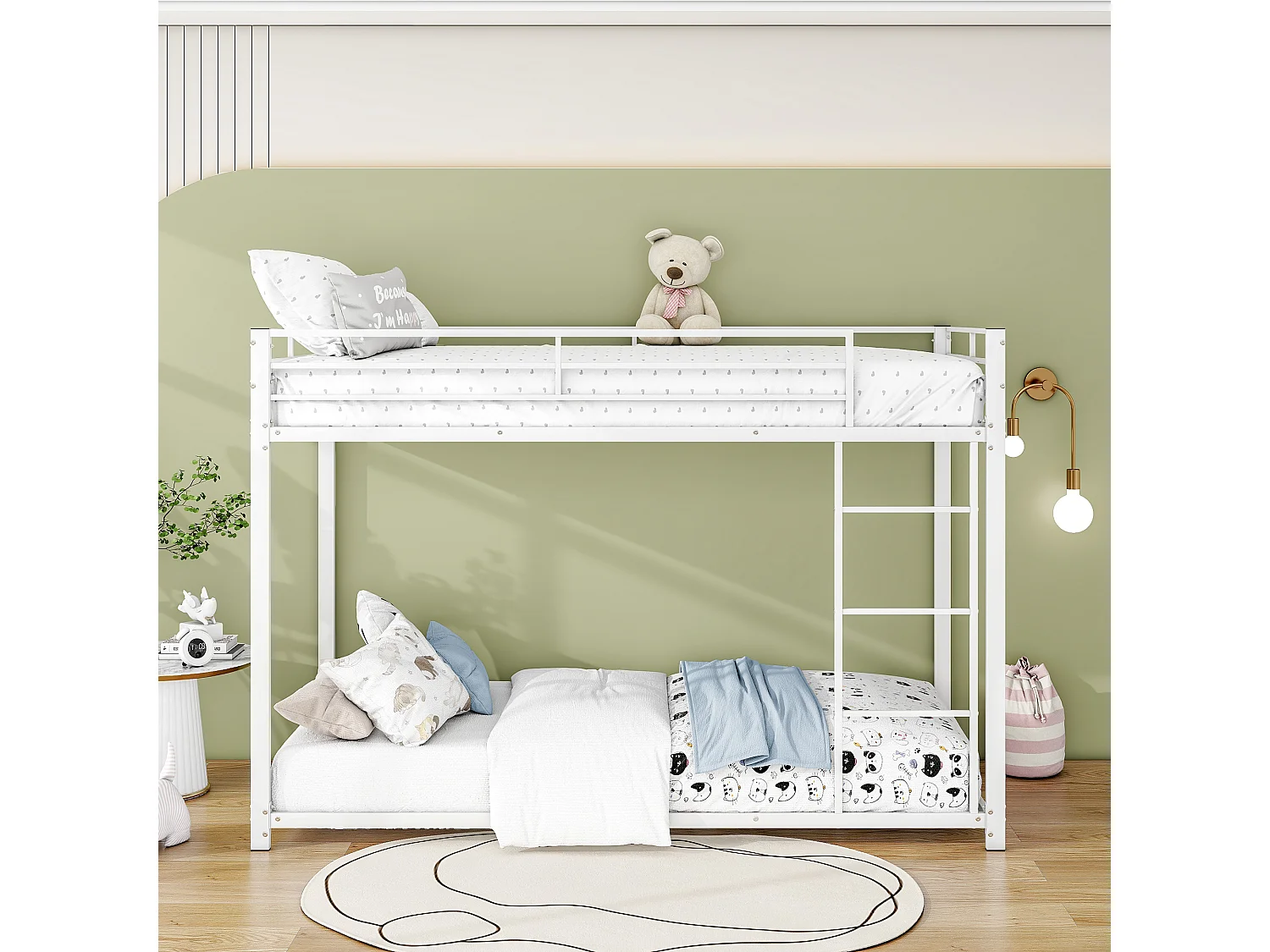 Lit superposé 90x200 cm lit enfant 2 places  avec barrière et sommier à lattes en métal - blanc - sans matelas