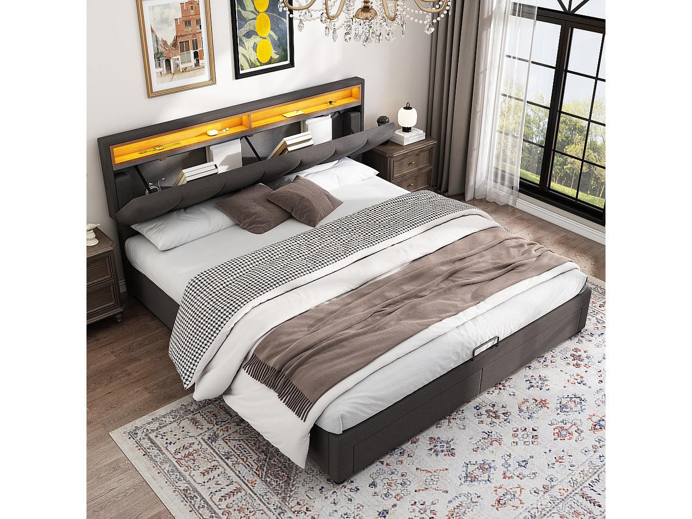Cama Tapizada Matrimonio 160x200 Con LED Y USB - Con Almacenamiento Hidráulico, Somier Incluido, Color Gris Lino