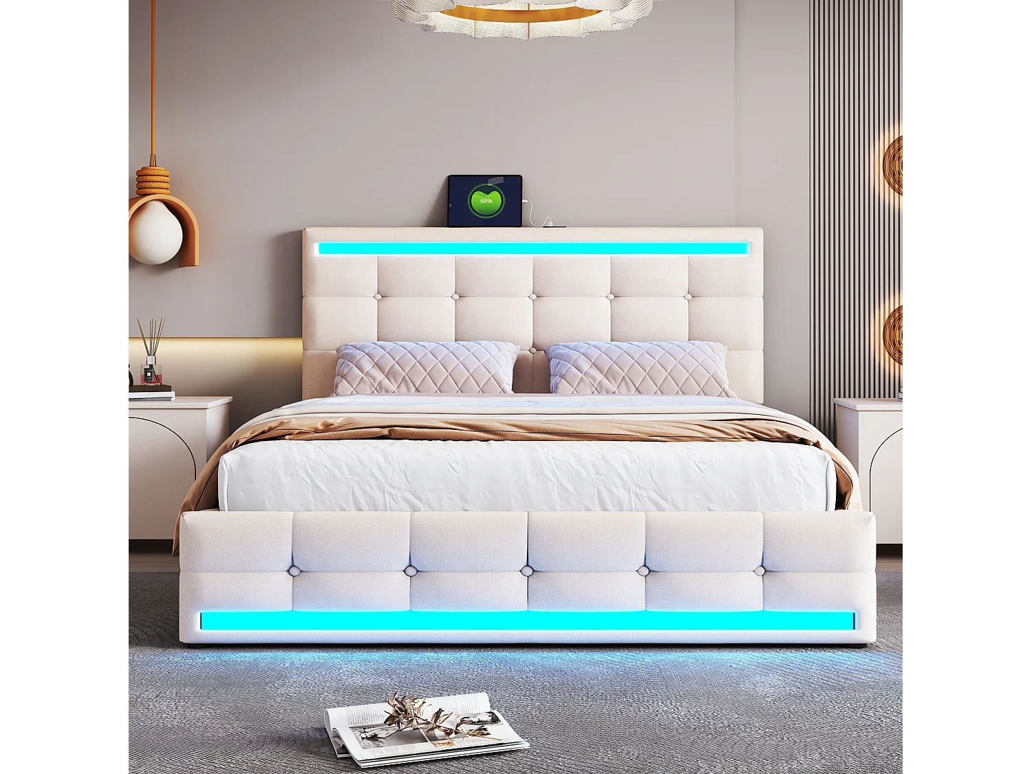 Lit coffre 140 x 200 cm - Lit capitonné avec éclairage LED et recharge USB - Lin beige - Sans matelas