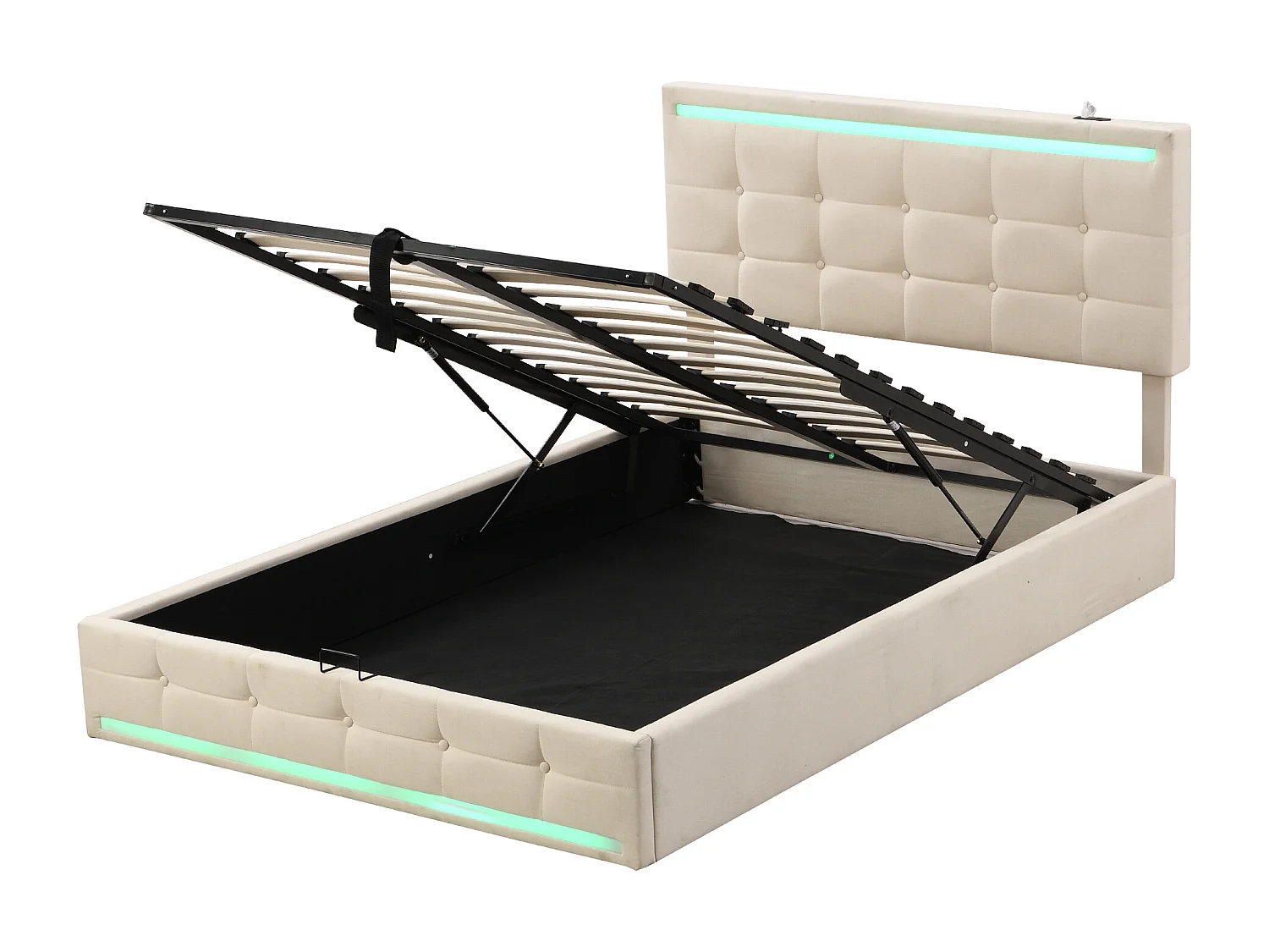 Lit coffre 140 x 200 cm - Lit capitonné avec éclairage LED et recharge USB - Lin beige - Sans matelas