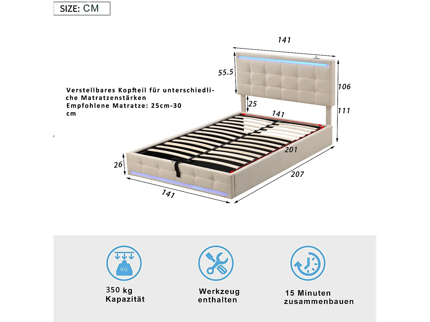 Lit coffre 140 x 200 cm - Lit capitonné avec éclairage LED et recharge USB - Lin beige - Sans matelas