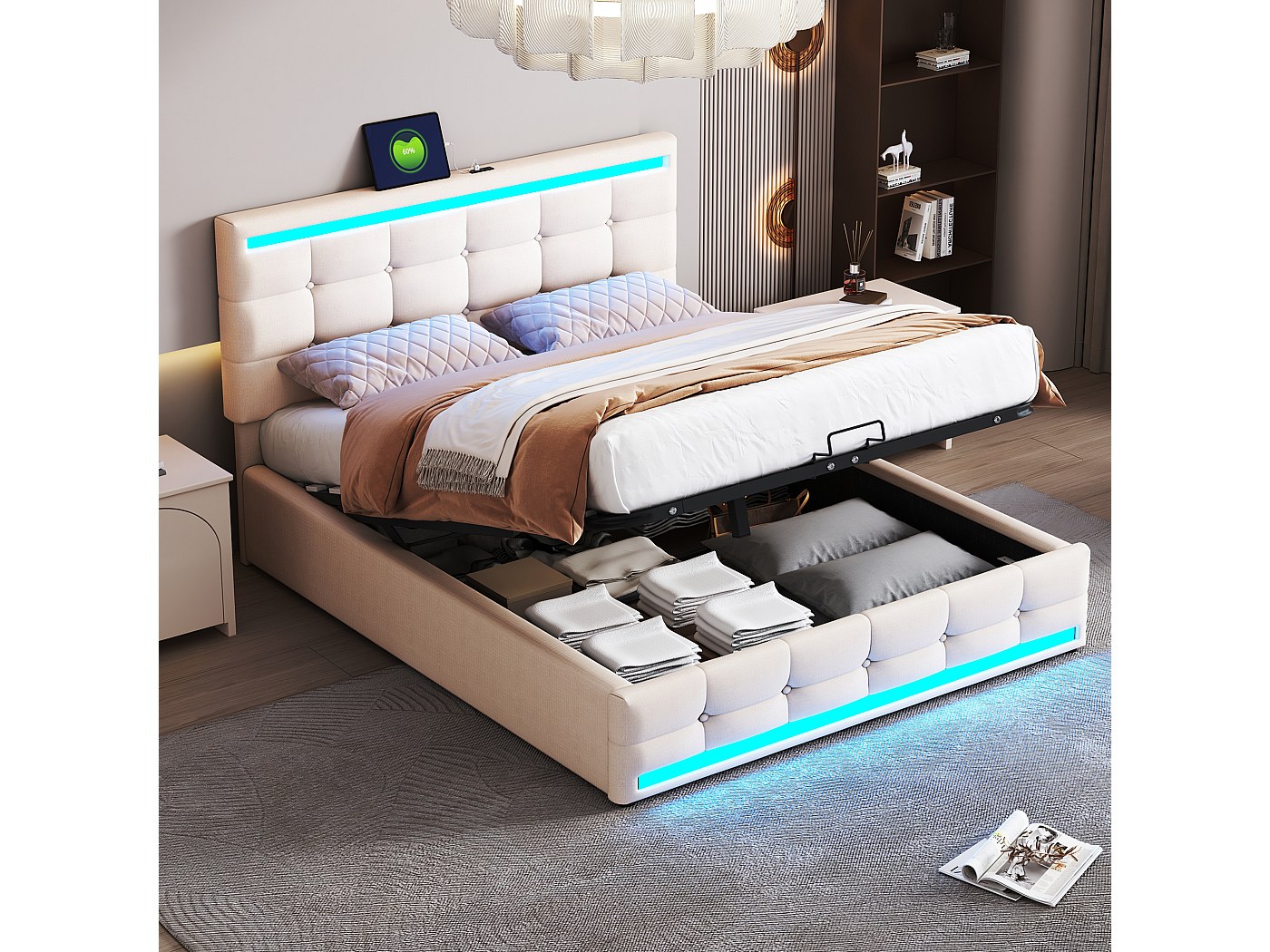 Lit Coffre 160x200 Cm Avec Rangement Intégré | Tête De Lit Rembourrée & Ports USB | Cadre Lit Double Pratique Et Spacieux