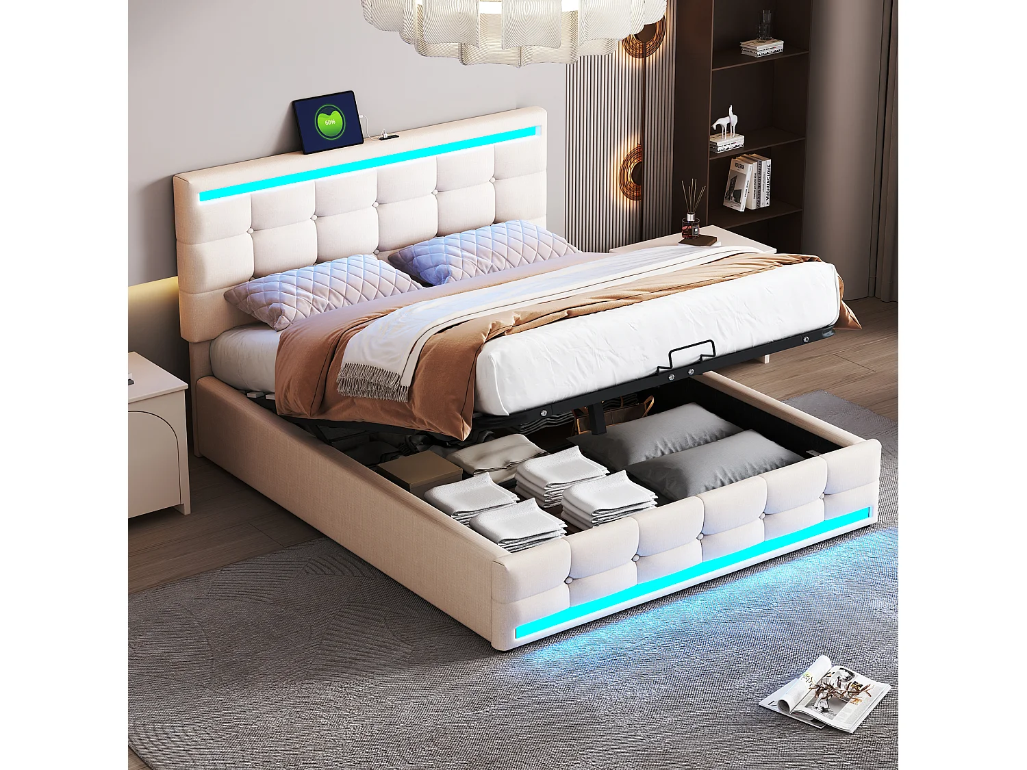Lit coffre 140 x 200 cm - Lit capitonné avec éclairage LED et recharge USB - Lin beige - Sans matelas