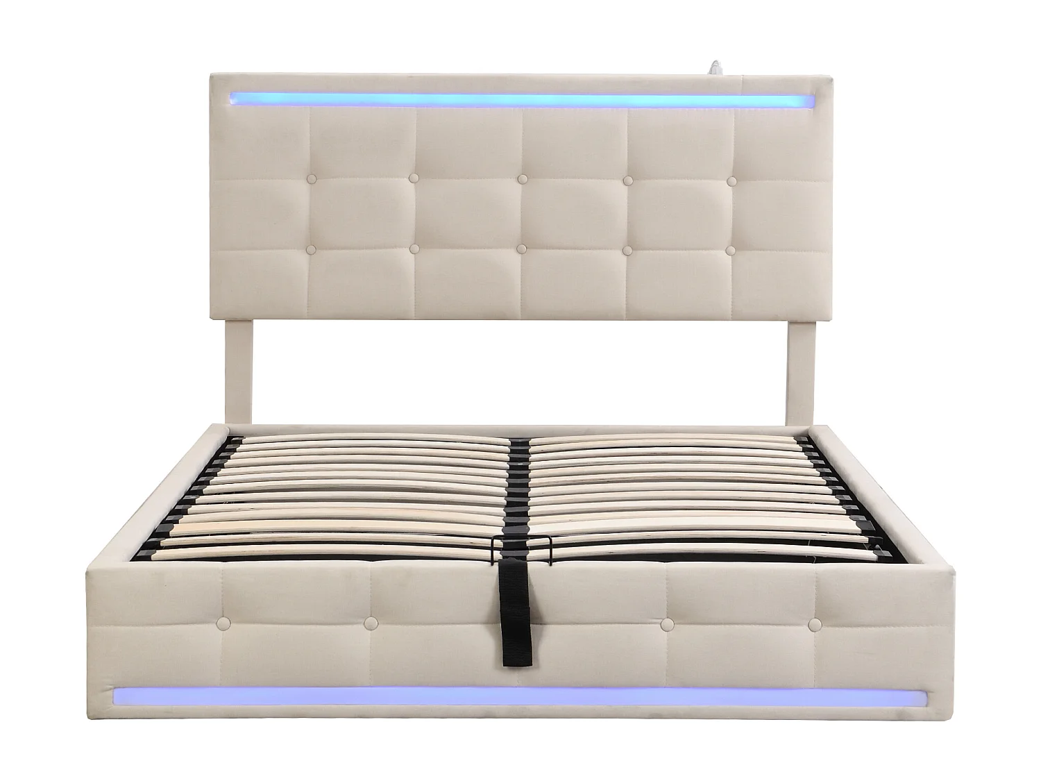 Lit coffre 140 x 200 cm - Lit capitonné avec éclairage LED et recharge USB - Lin beige - Sans matelas