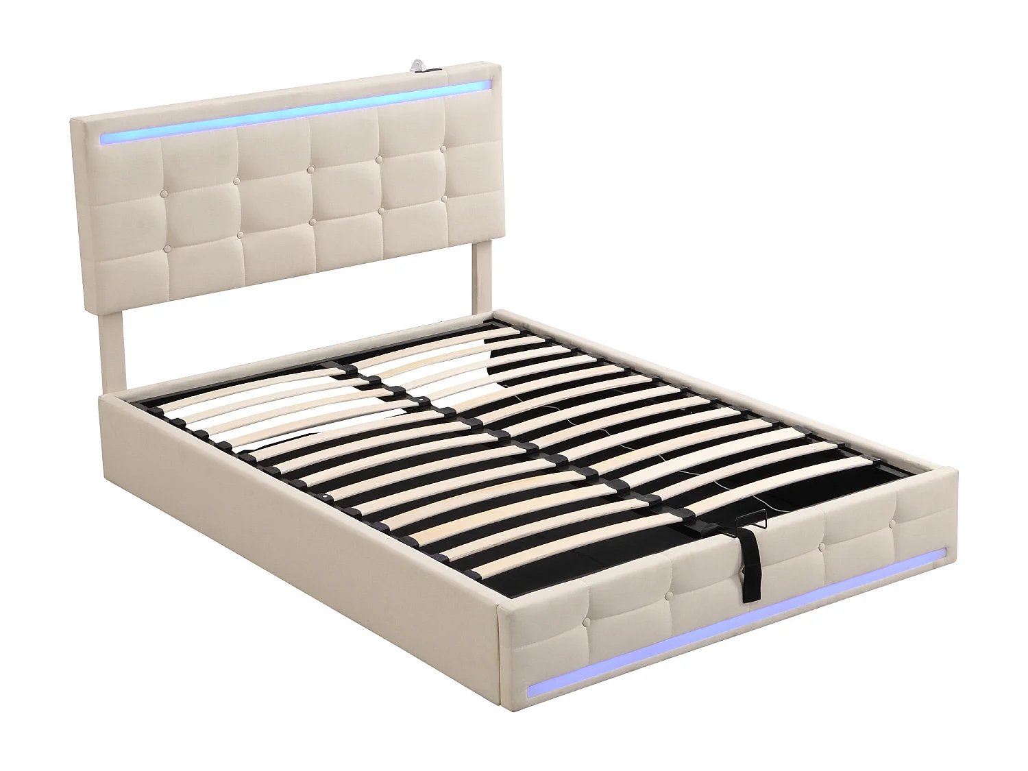 Lit coffre 140 x 200 cm - Lit capitonné avec éclairage LED et recharge USB - Lin beige - Sans matelas