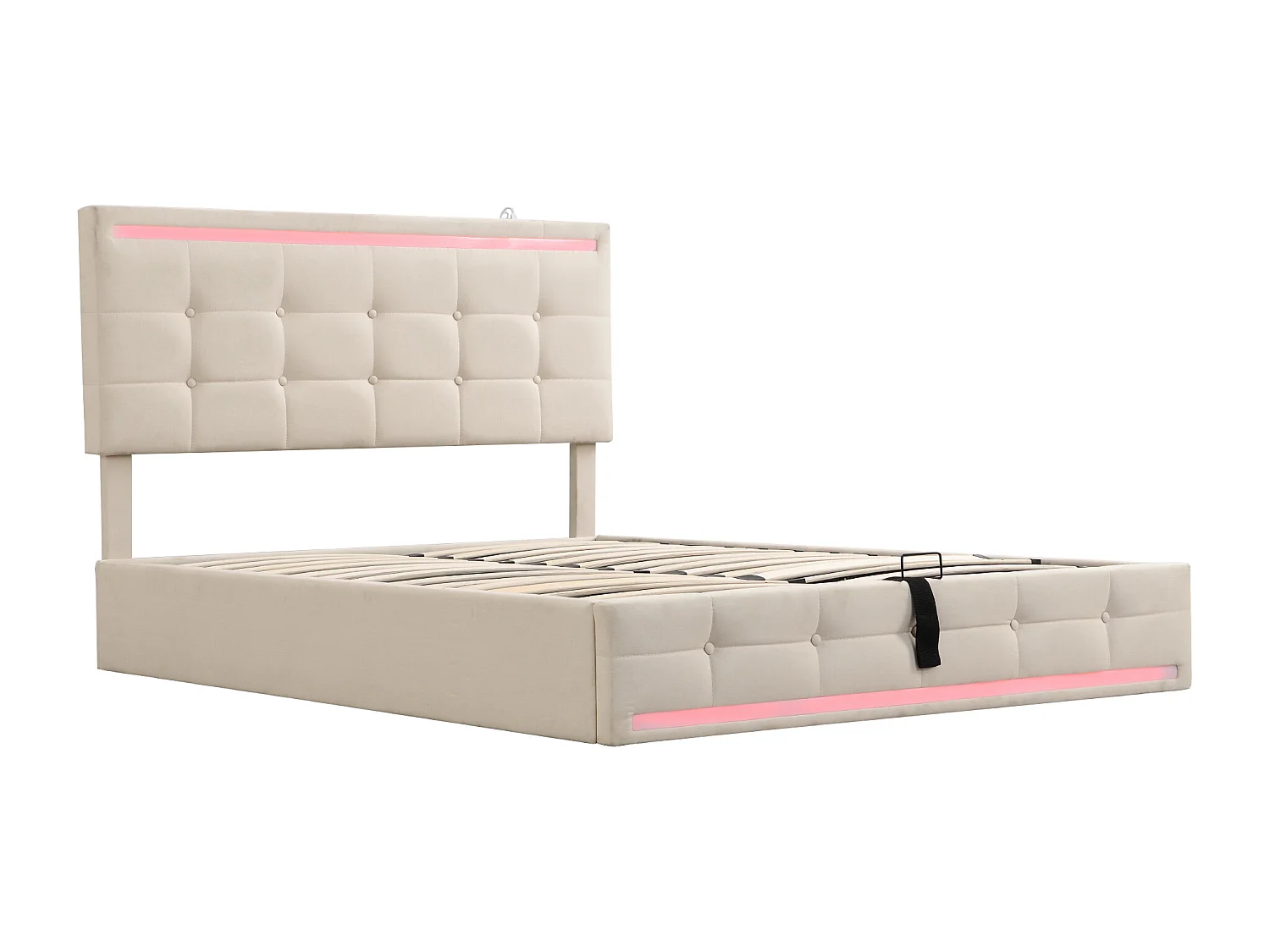 Lit coffre 140 x 200 cm - Lit capitonné avec éclairage LED et recharge USB - Lin beige - Sans matelas