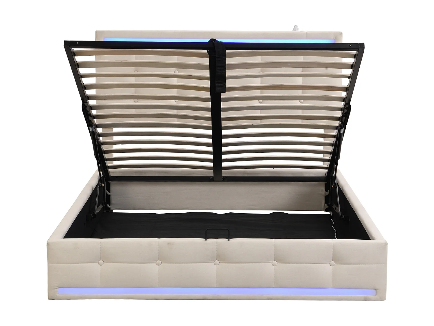 Lit coffre 140 x 200 cm - Lit capitonné avec éclairage LED et recharge USB - Lin beige - Sans matelas