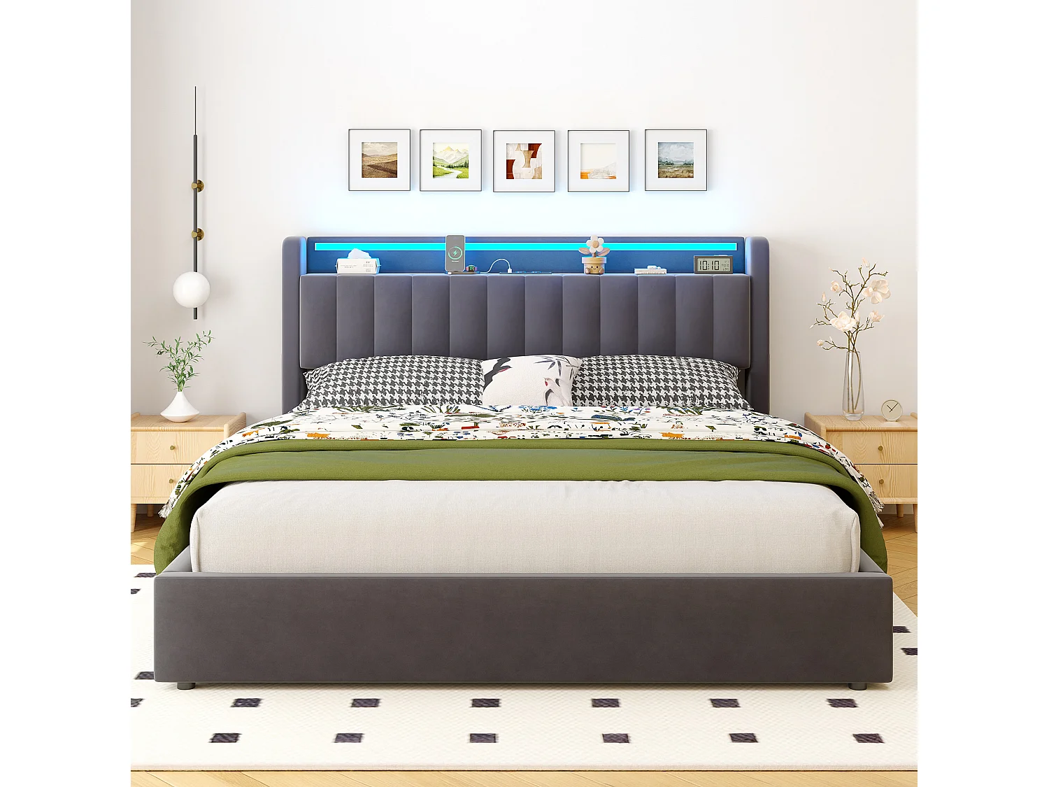 Polsterbett 180x200 cm für Erwachsene mit LED-Licht und Steckdose, abgerundeten Ecken, Samt, grau