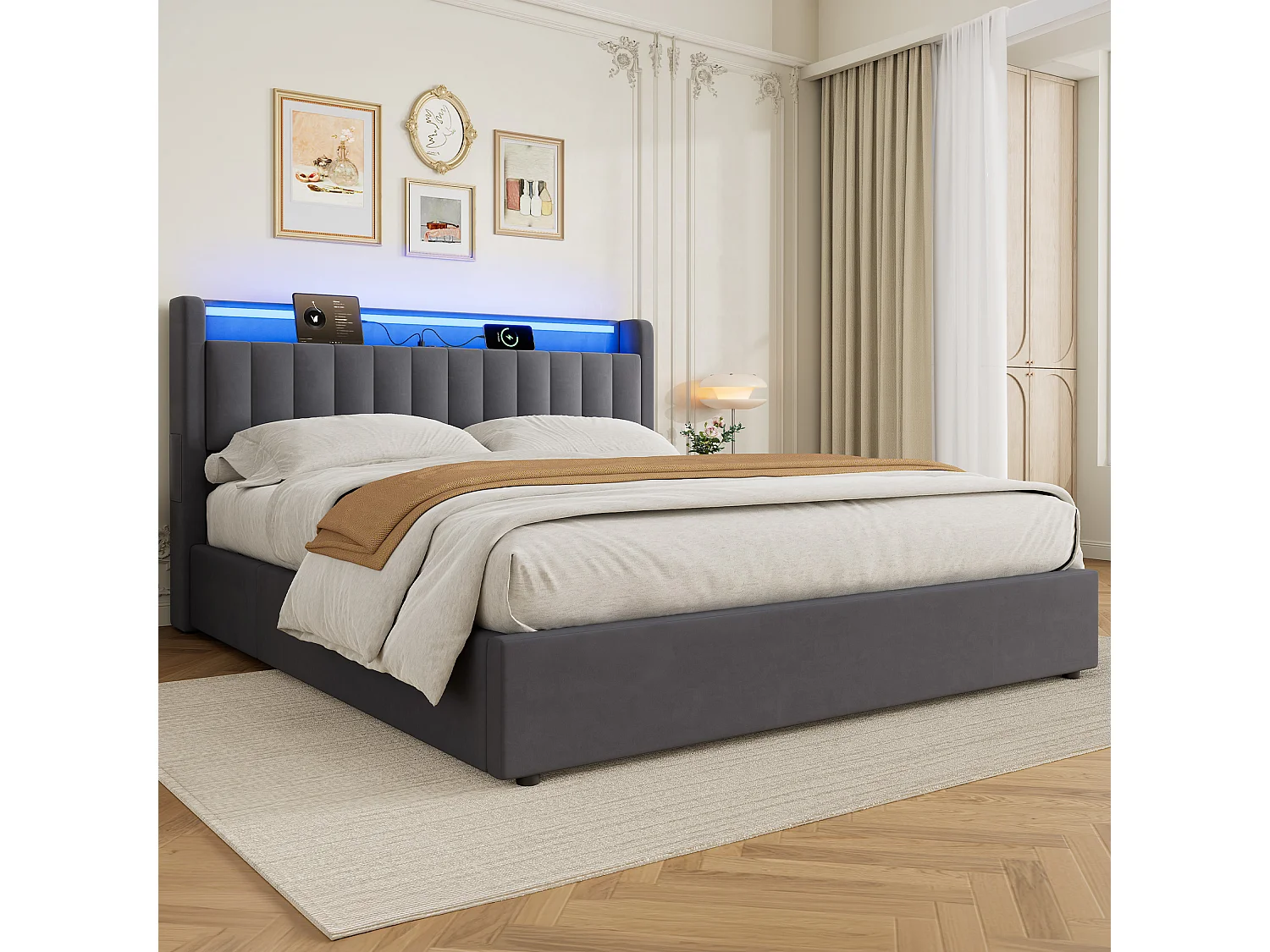 Polsterbett 180x200 cm für Erwachsene mit LED-Licht und Steckdose, abgerundeten Ecken, Samt, grau