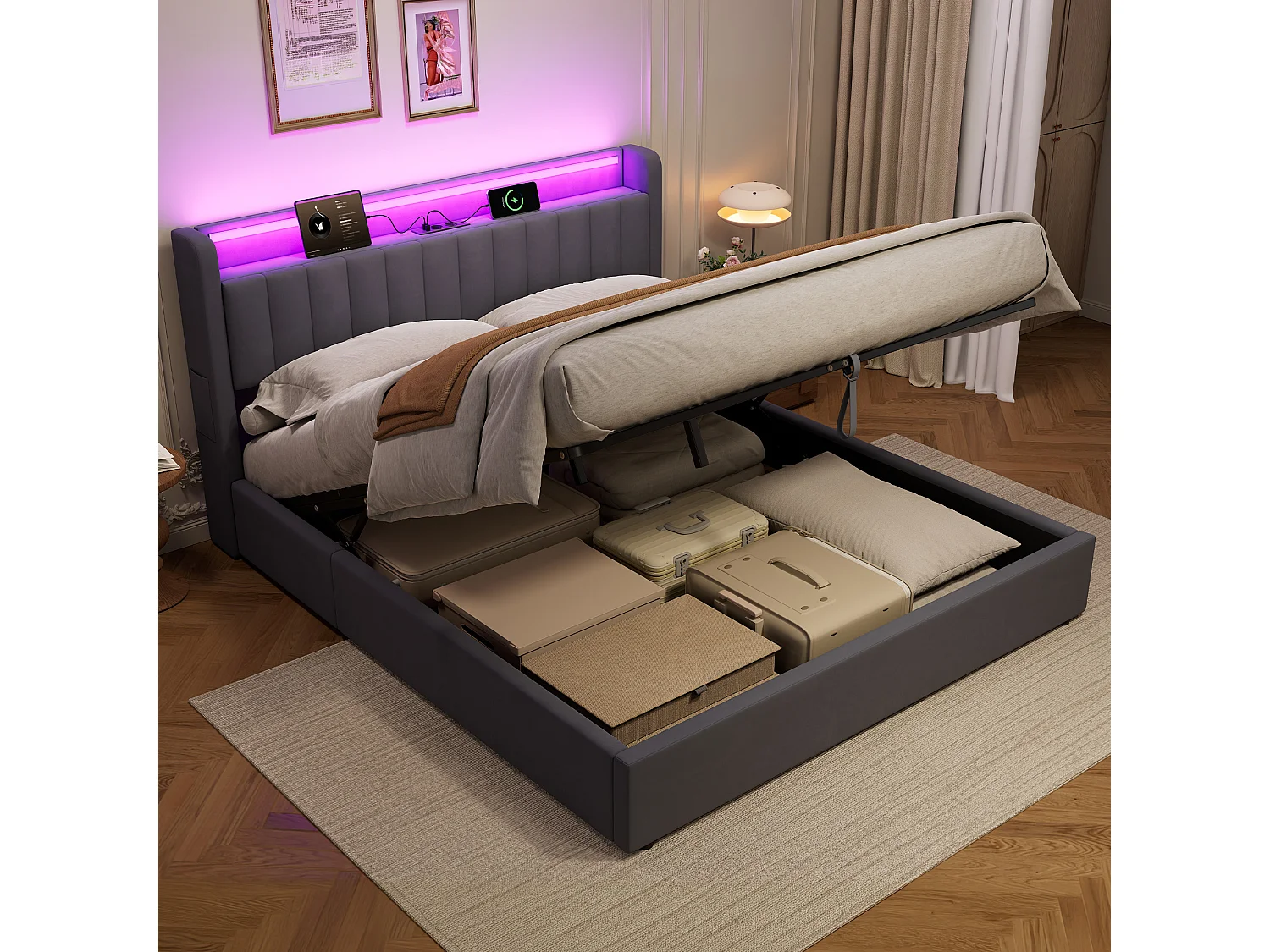 Polsterbett 180x200 cm für Erwachsene mit LED-Licht und Steckdose, abgerundeten Ecken, Samt, grau