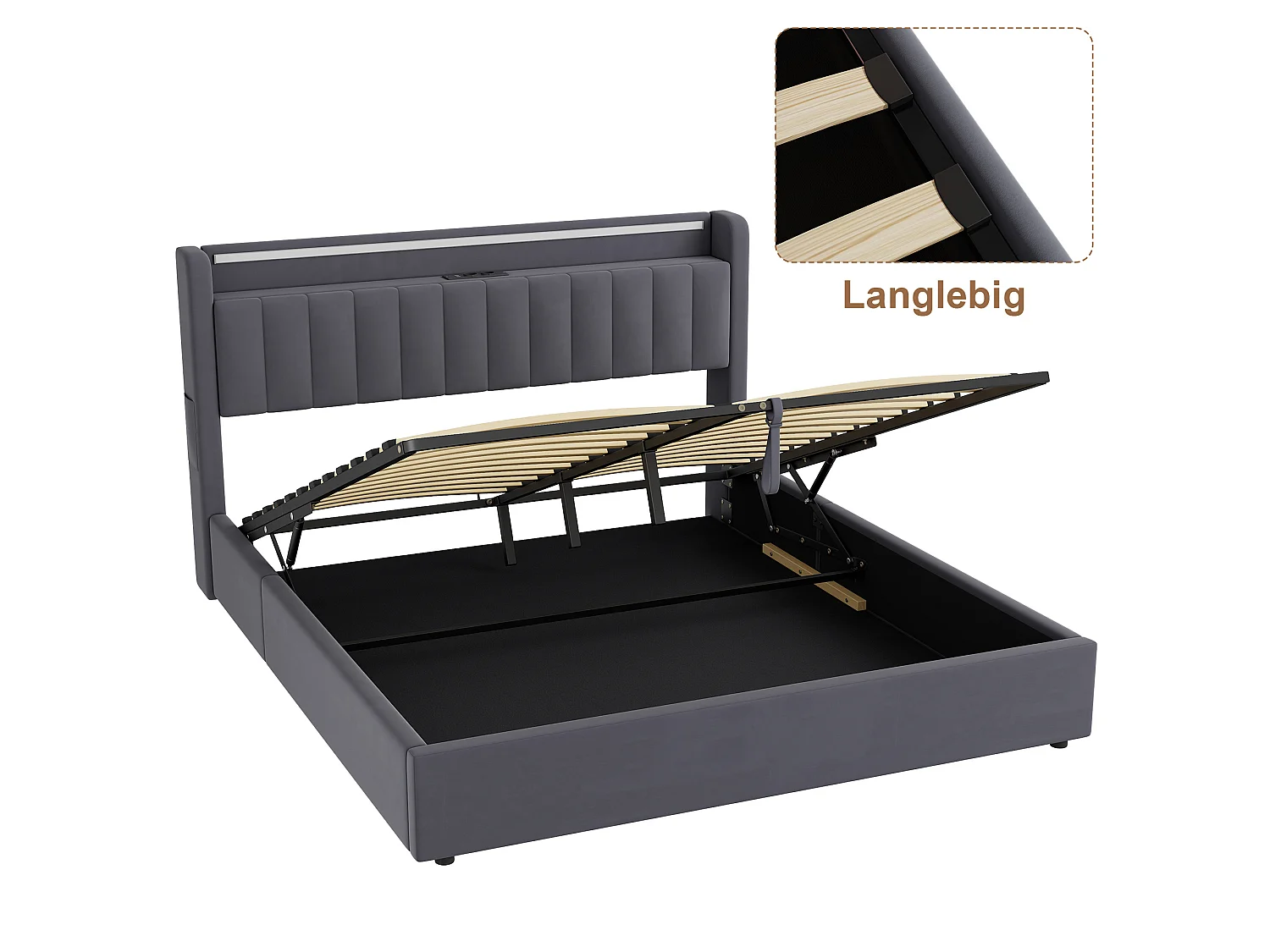 Polsterbett 180x200 cm für Erwachsene mit LED-Licht und Steckdose, abgerundeten Ecken, Samt, grau
