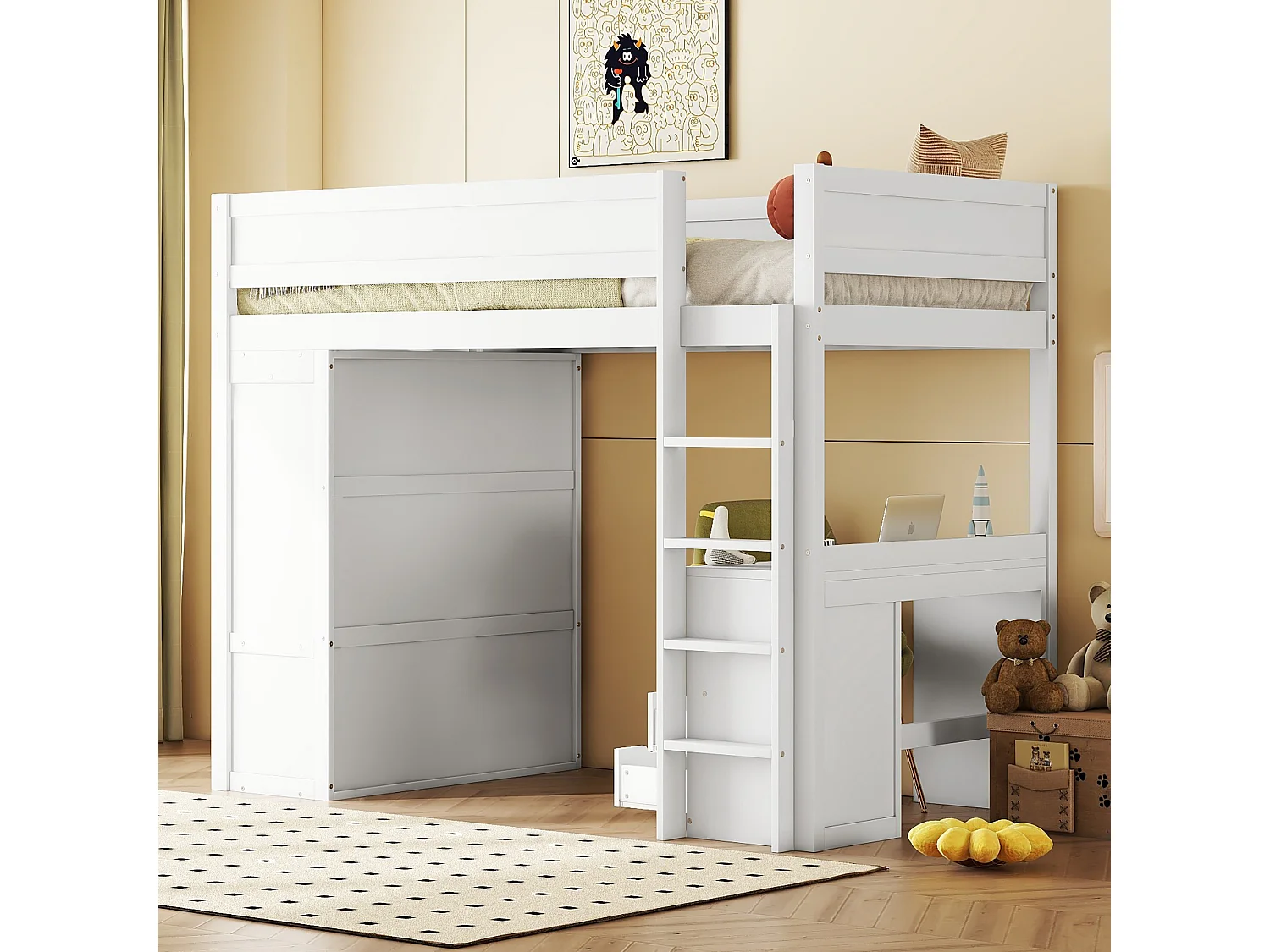 Cama alta de 90x200 cm, cama infantil versátil, equipada con armario, escritorio y cajones - blanco