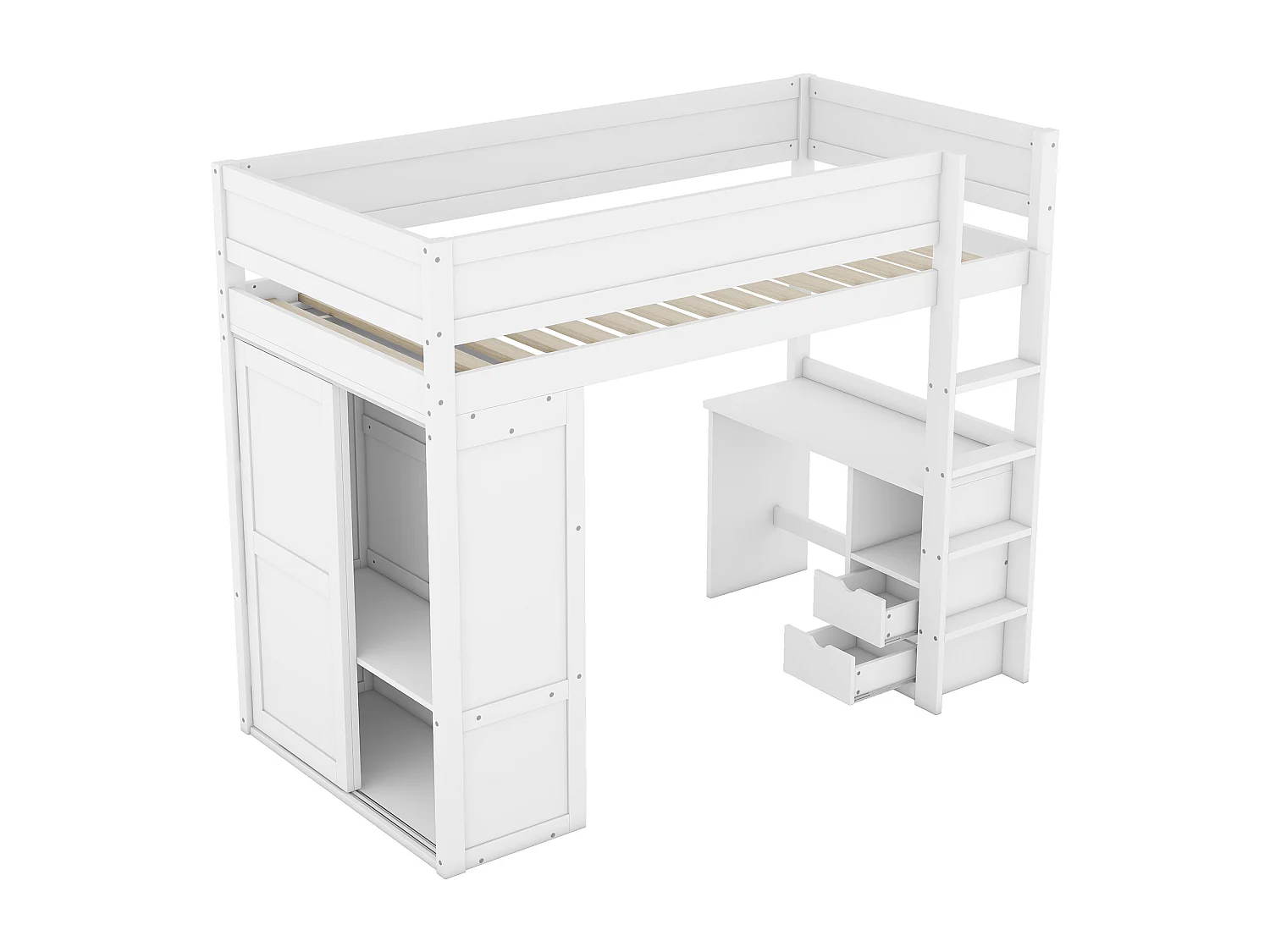 Cama alta de 90x200 cm, cama infantil versátil, equipada con armario, escritorio y cajones - blanco