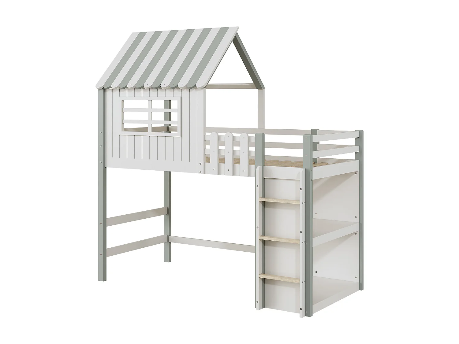 Cama infantil cabina 90x200 cm de madera maciza con techo y compartimento de almacenamiento - verde