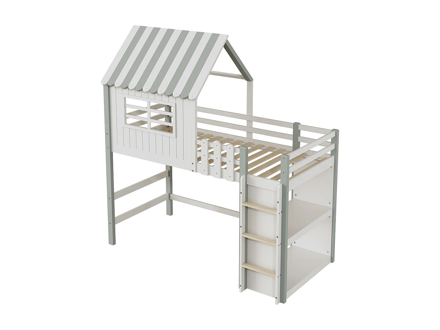 Lit mezzanine 90x200 cm lit cabane d'enfant avec toit et compartiment de rangement - en bois massif - vert - sans matelas