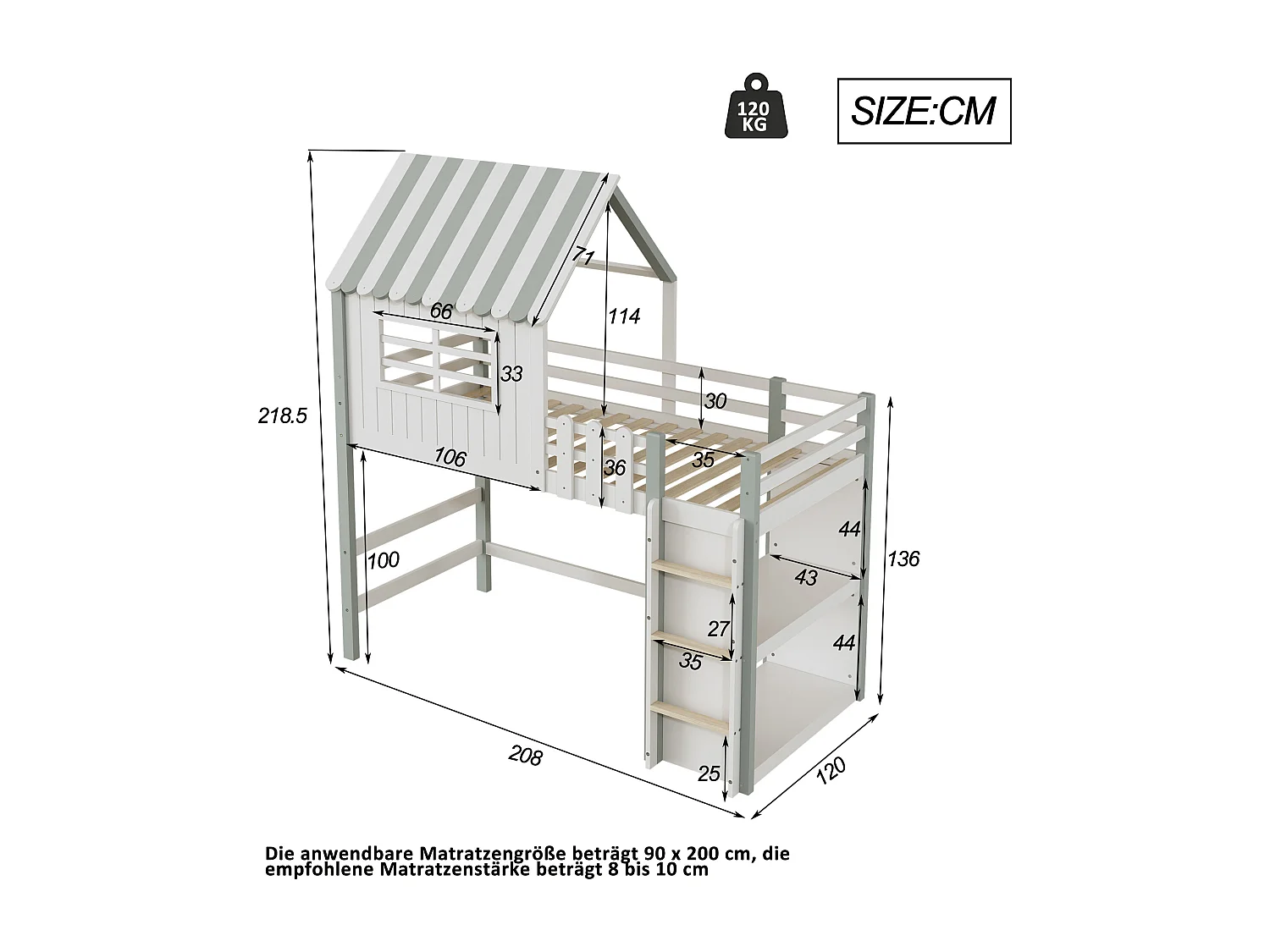 Lit mezzanine 90x200 cm lit cabane d'enfant avec toit et compartiment de rangement - en bois massif - vert - sans matelas