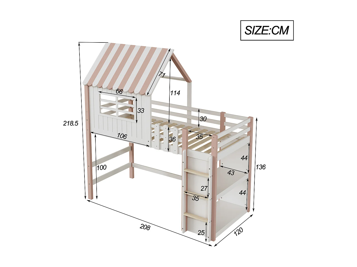 Lit mezzanine 90x200 cm lit cabane d'enfant avec toit et compartiment de rangement - en bois massif - rose - sans matelas