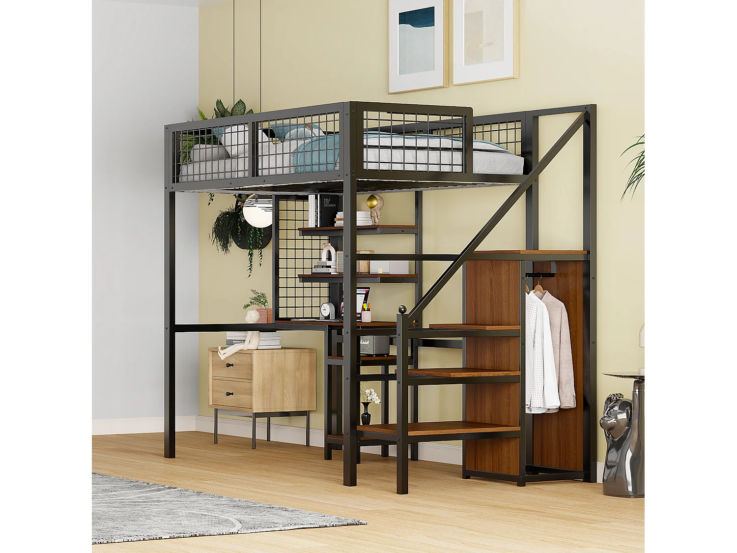 Cama alta para niños de 90x200 cm con mesa para ordenador - negro