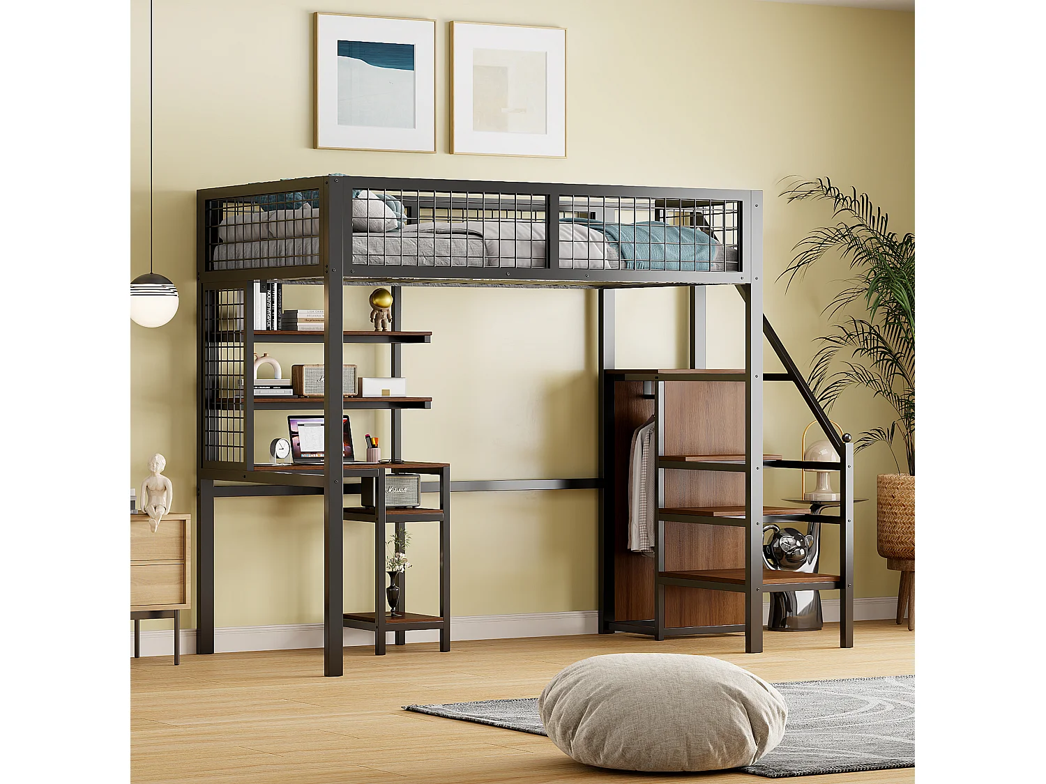 Cama alta para niños de 90x200 cm con mesa para ordenador - negro