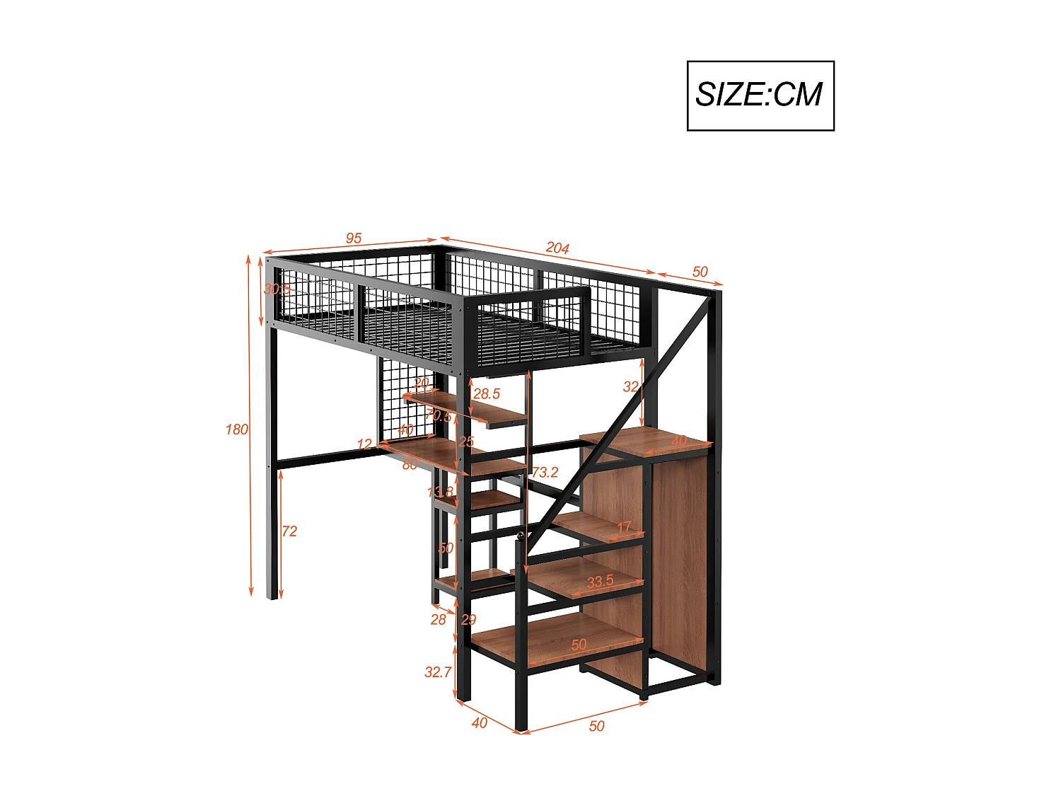 Cama alta para niños de 90x200 cm con mesa para ordenador - negro