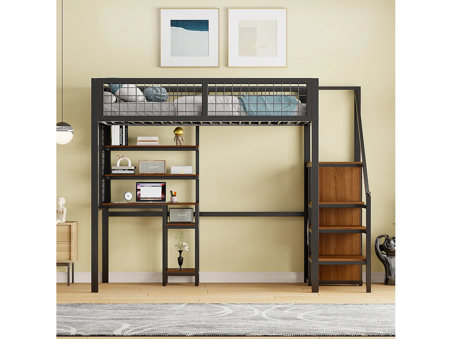 Lit mezzanine 90x200 cm lit enfant avec table d'ordinateur - noir