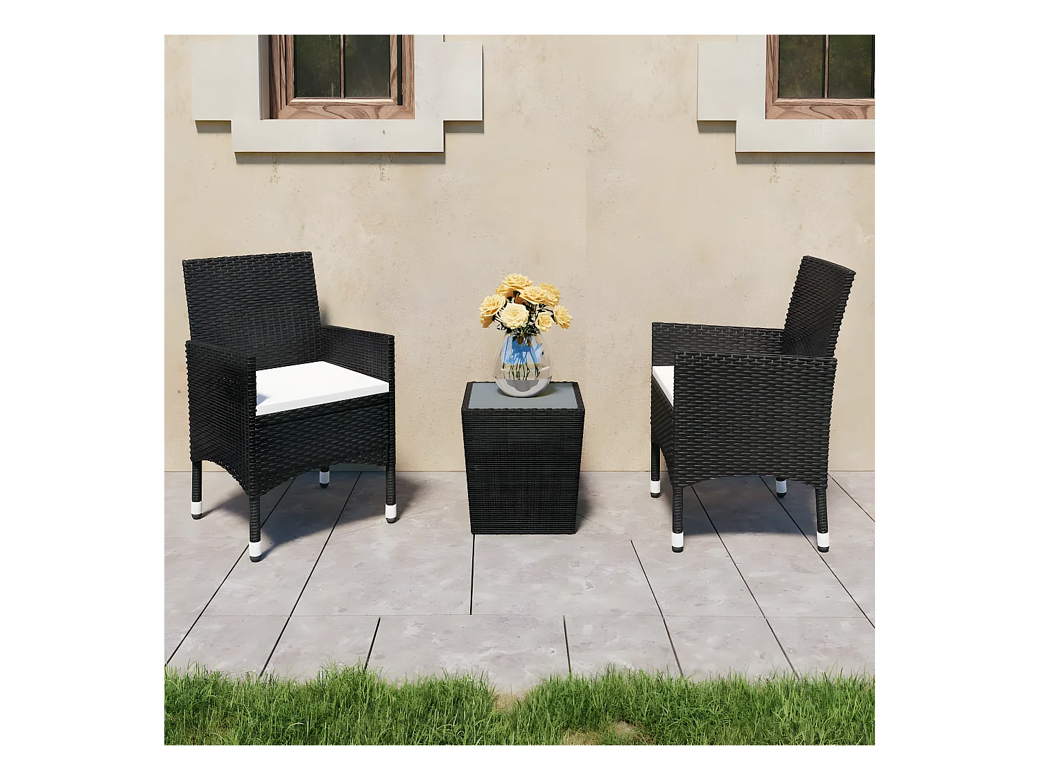 3 pzas Comedor de jardín ratán PE y vidrio templado negro KOW93447