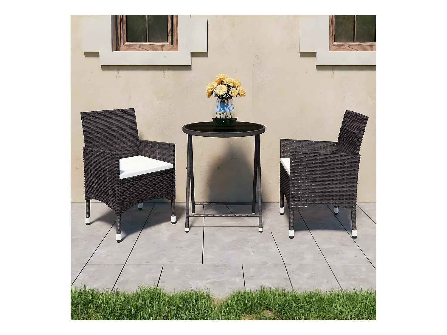 Ensemble de bistro 3 pcs Résine tressée et verre trempé Marron GFDF64236