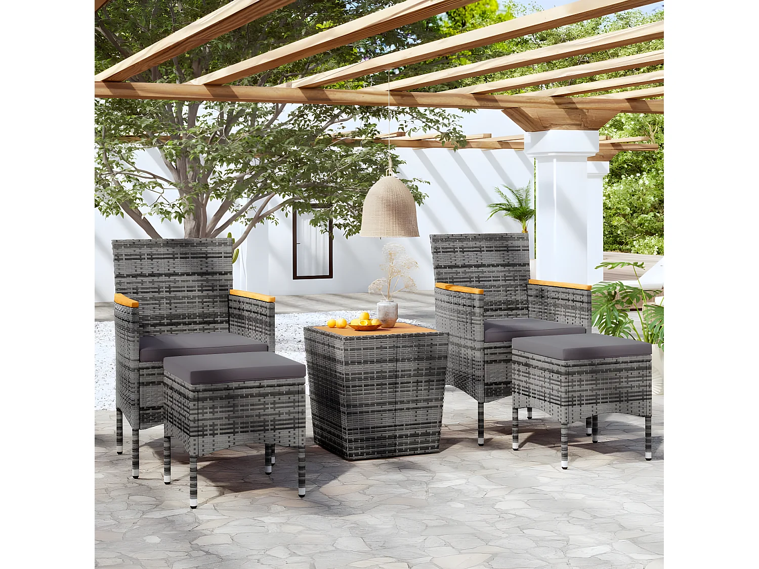Ensemble de bistro de jardin 5pcs Résine tressée et acacia Gris GFDF49022