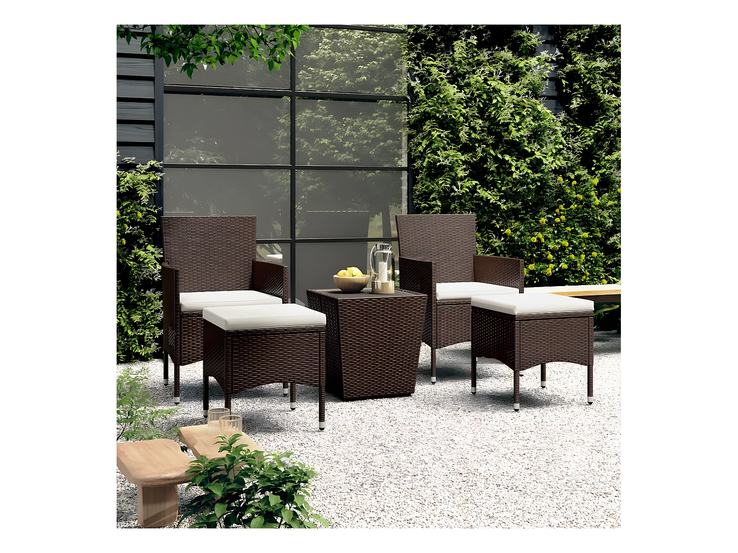 5-delige Bistroset poly rattan en gehard glas bruin NL869325