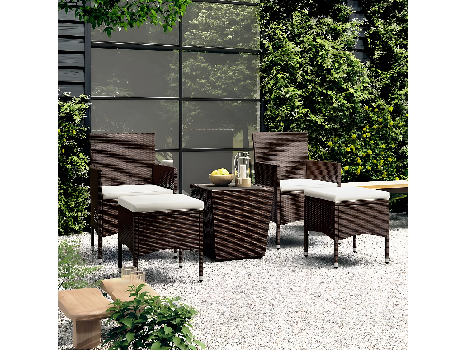 Ensemble de bistro 5 pcs Résine tressée et verre trempé Marron GFDF71706