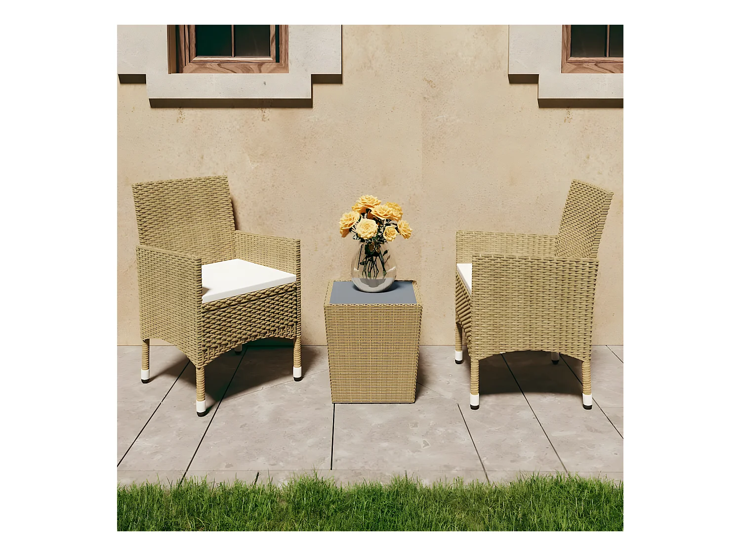 Ensemble de bistro 3 pcs Résine tressée et verre trempé Beige GFDF98493