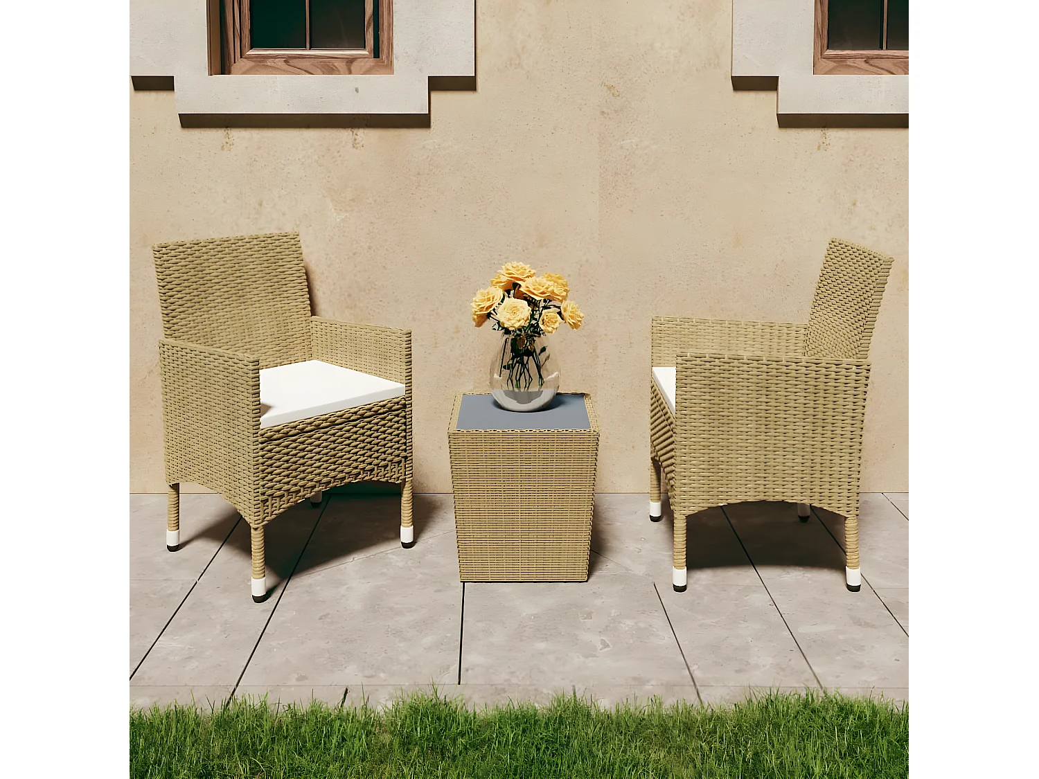 Ensemble de bistro 3 pcs Résine tressée et verre trempé Beige GFDF98493