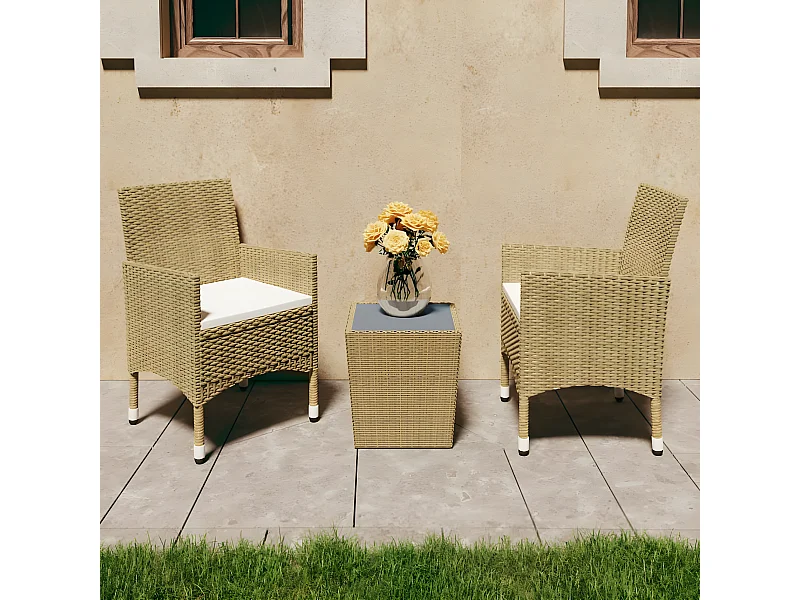 Ensemble de bistro 3 pcs Résine tressée et verre trempé Beige GFDF98493