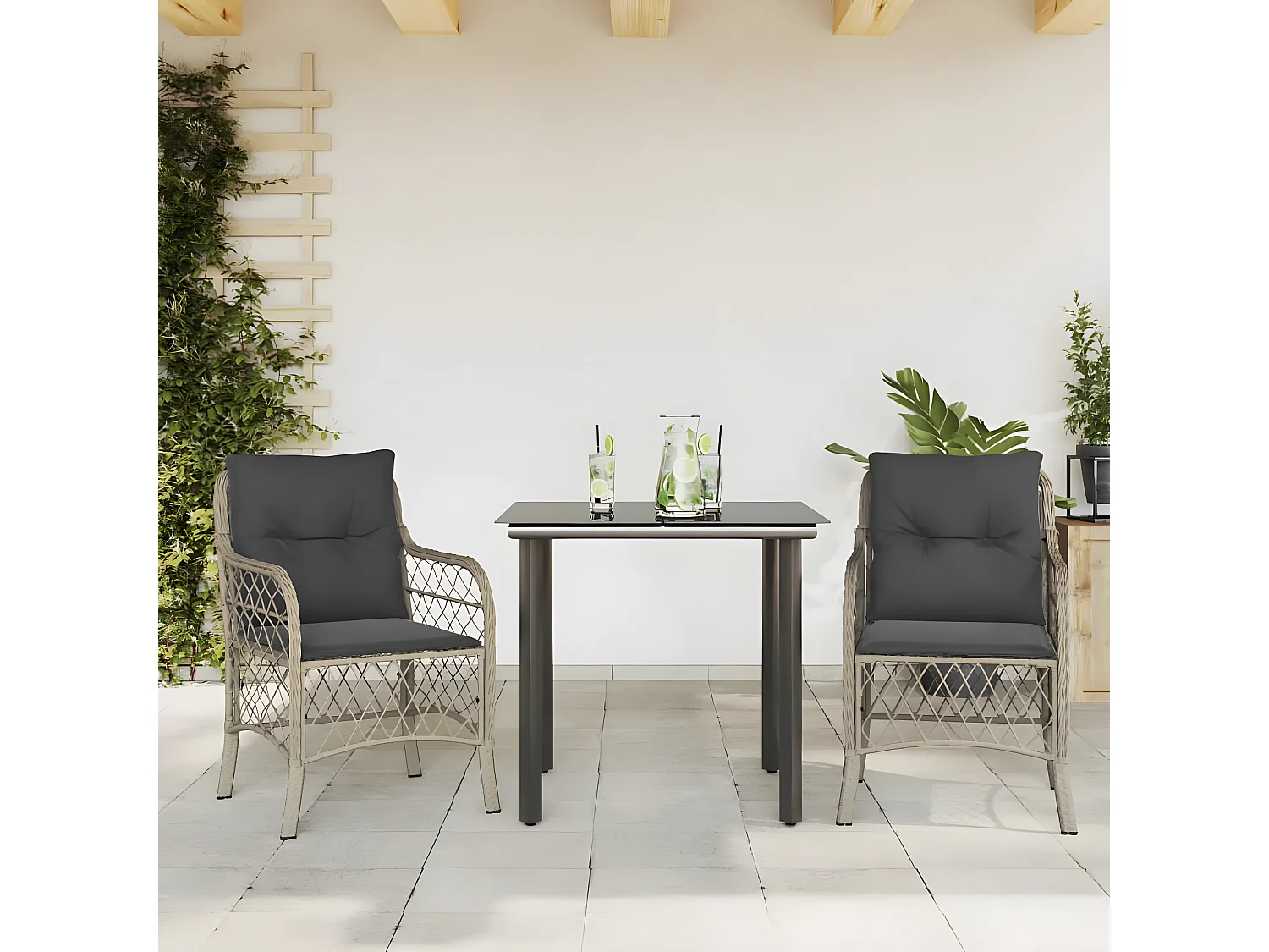 3 pcs conjunto bistrô com almofadões vime PE cinzento claro PT551508