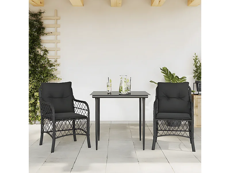 3 pcs conjunto de bistrô com almofadões vime PE preto PT845009