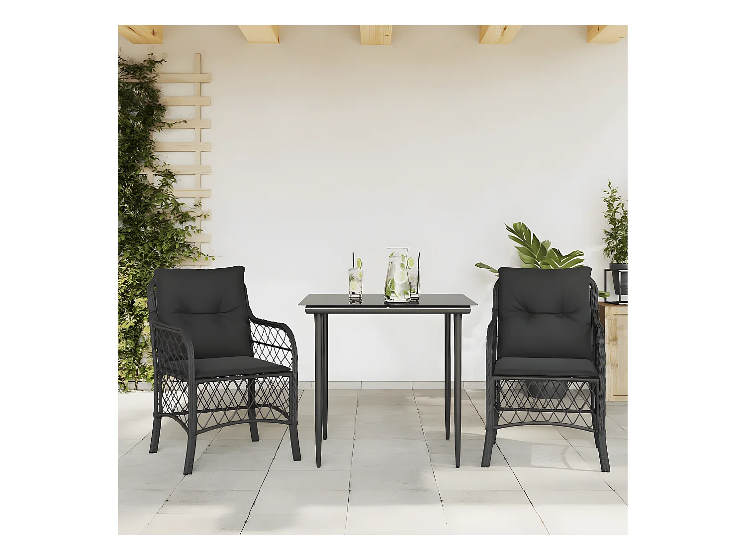 Mesita y sillas con cojines 3 piezas ratán sintético negro ES295440