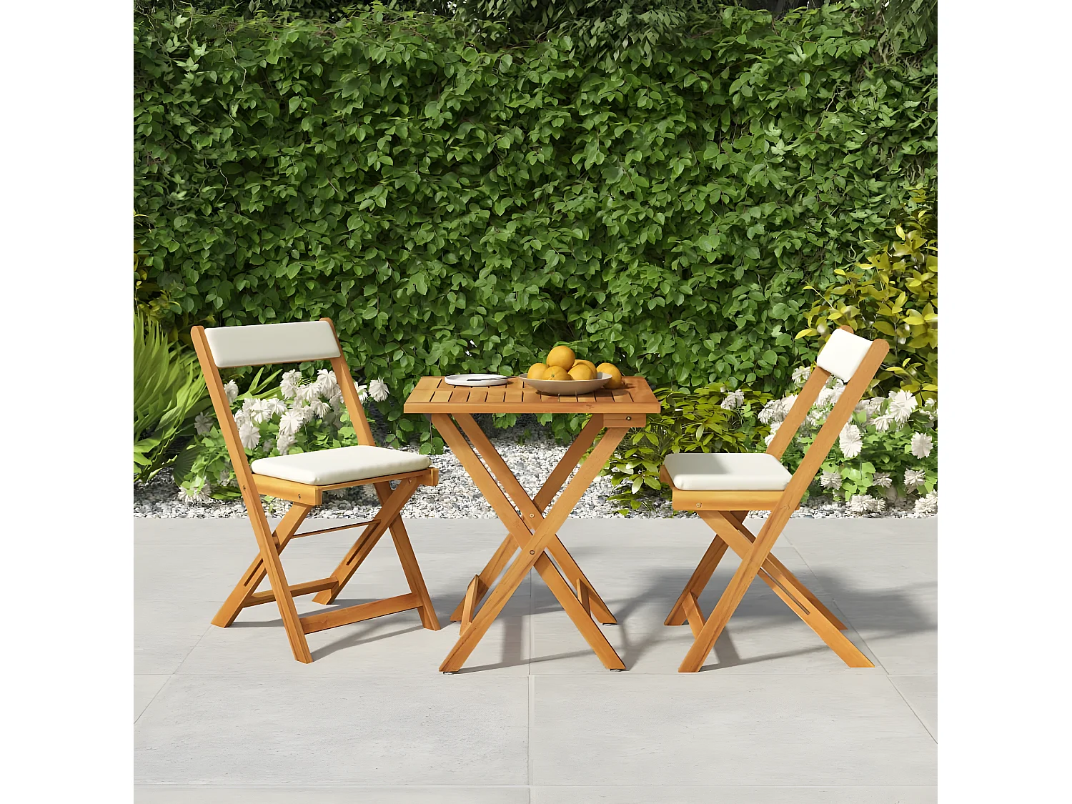 Ensemble de bistro pliable 3 pcs avec coussins Acacia solide GFDF49677