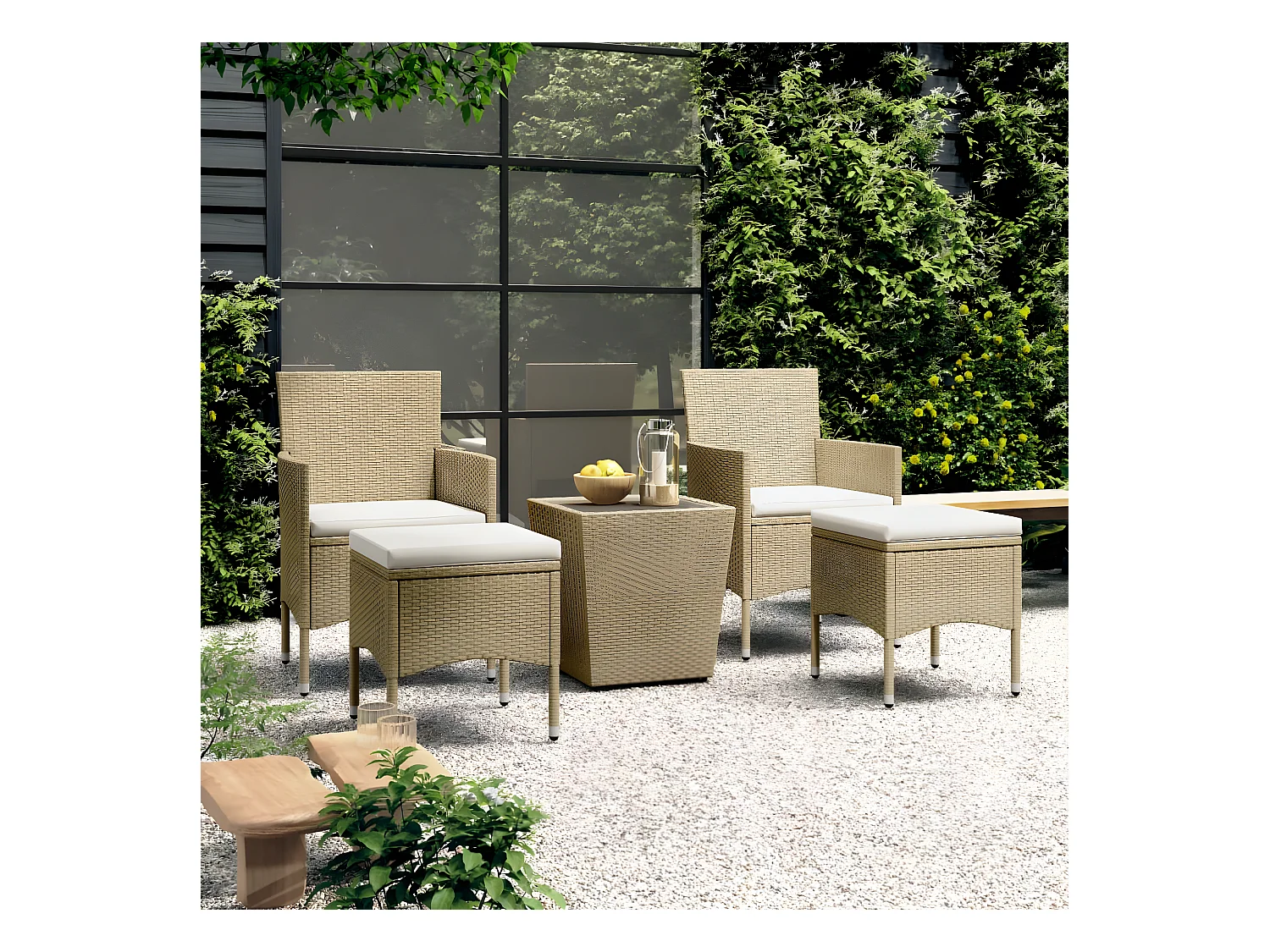 Ensemble de bistro 5 pcs Résine tressée et verre trempé Beige GFDF27639