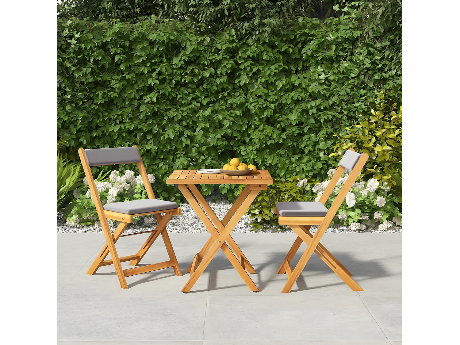 Ensemble de bistro pliable 3 pcs avec coussins Acacia solide GFDF66904