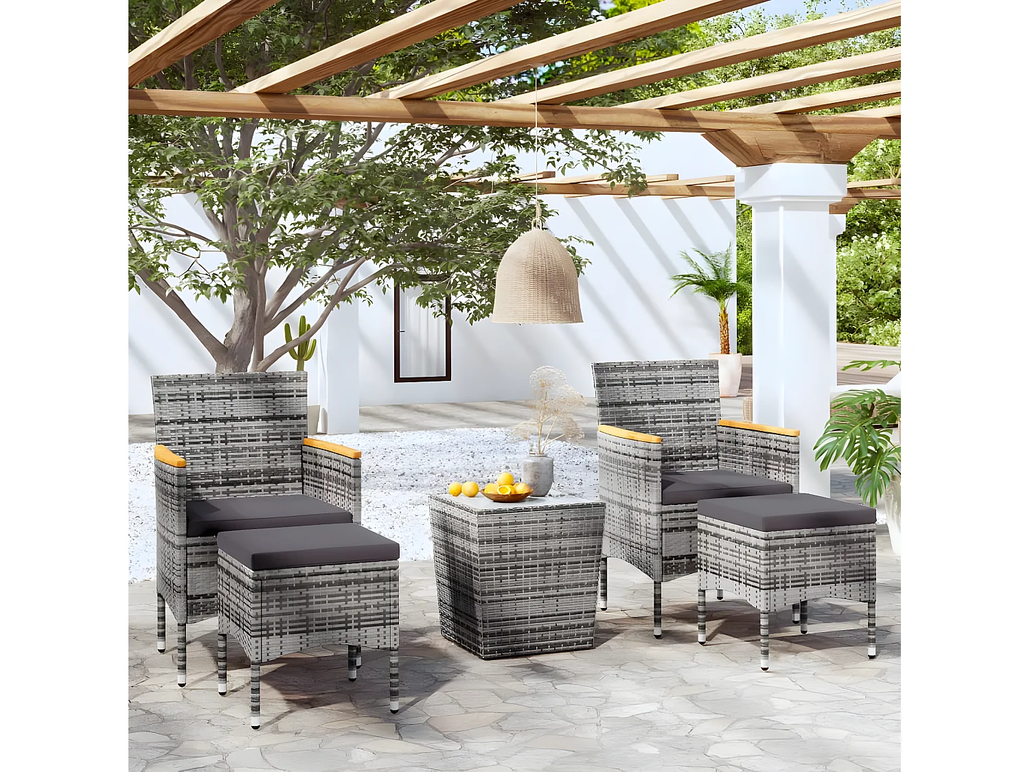 5 pzas Comedor de jardín ratán sintético vidrio templado gris KOW36369