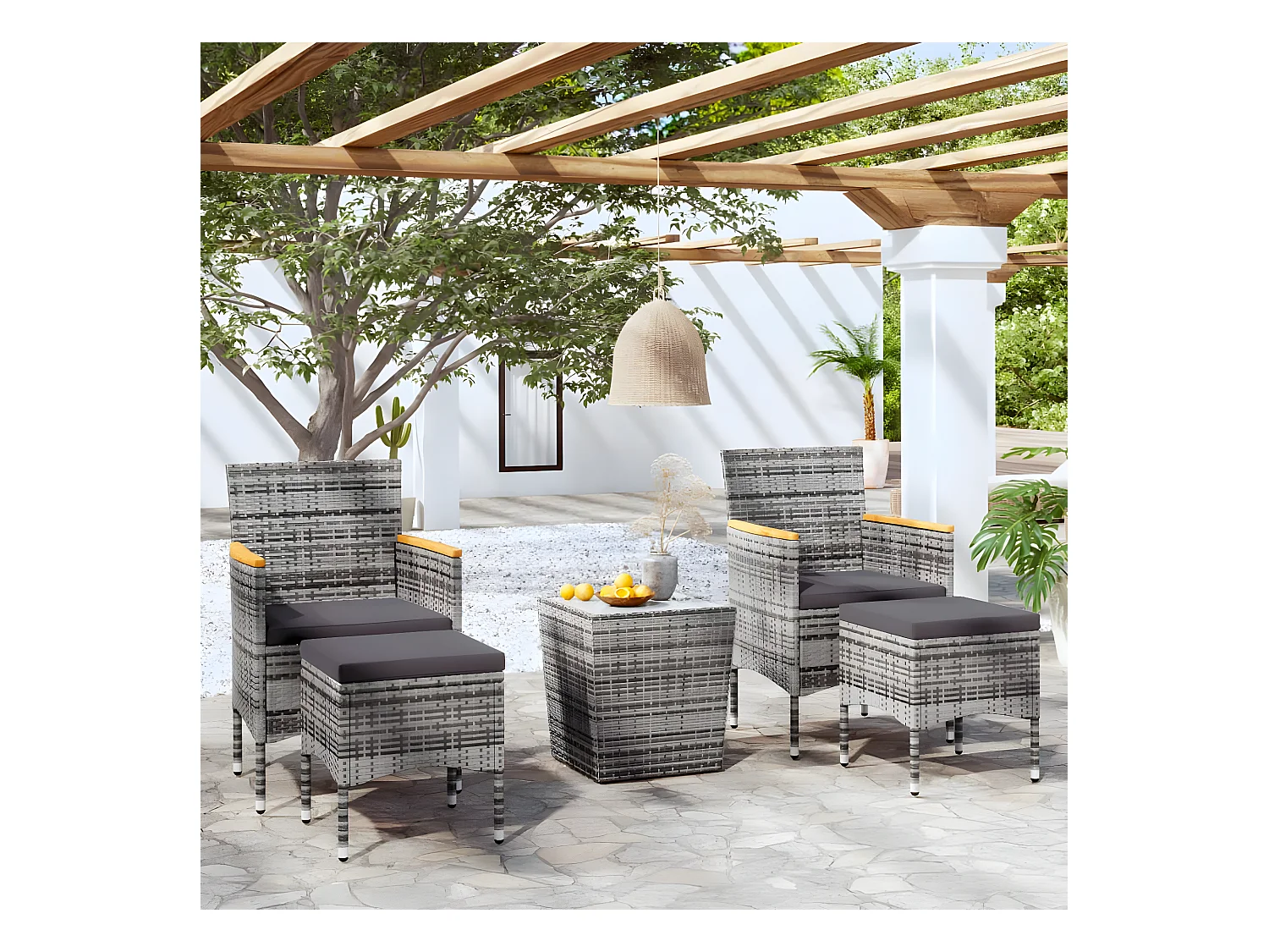 Ensemble de bistro 5 pcs Résine tressée et verre trempé Gris GFDF89008