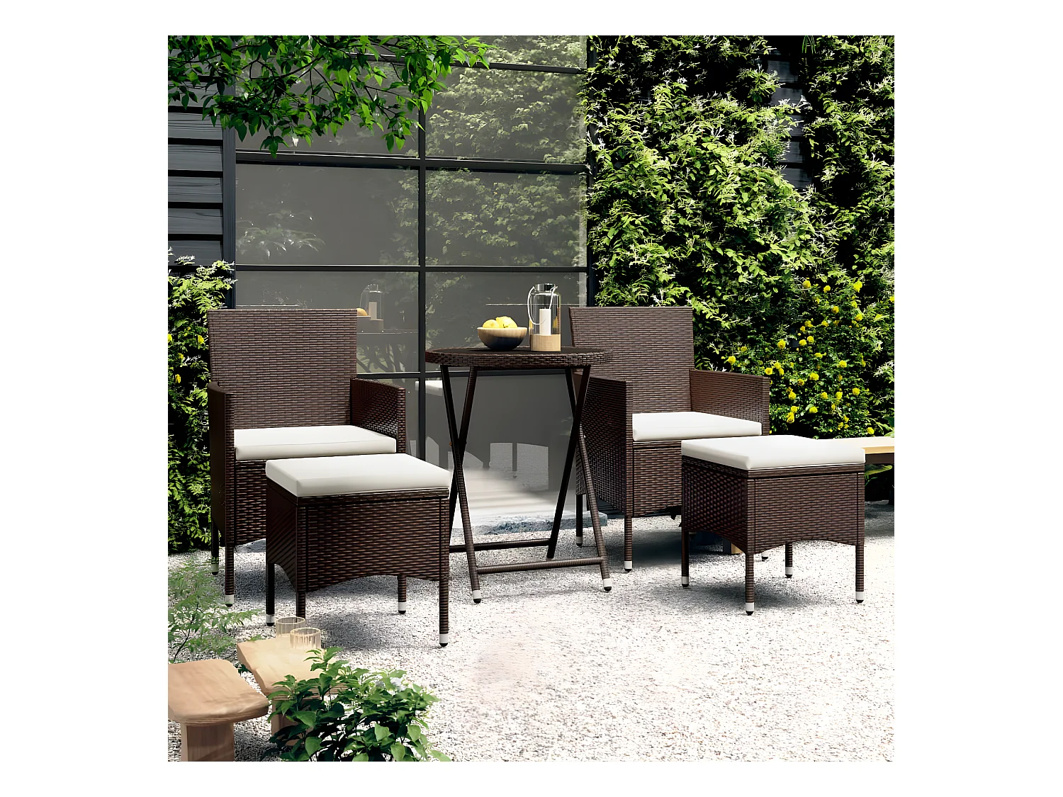 Ensemble de bistro 5 pcs Résine tressée et verre trempé Marron GFDF99433