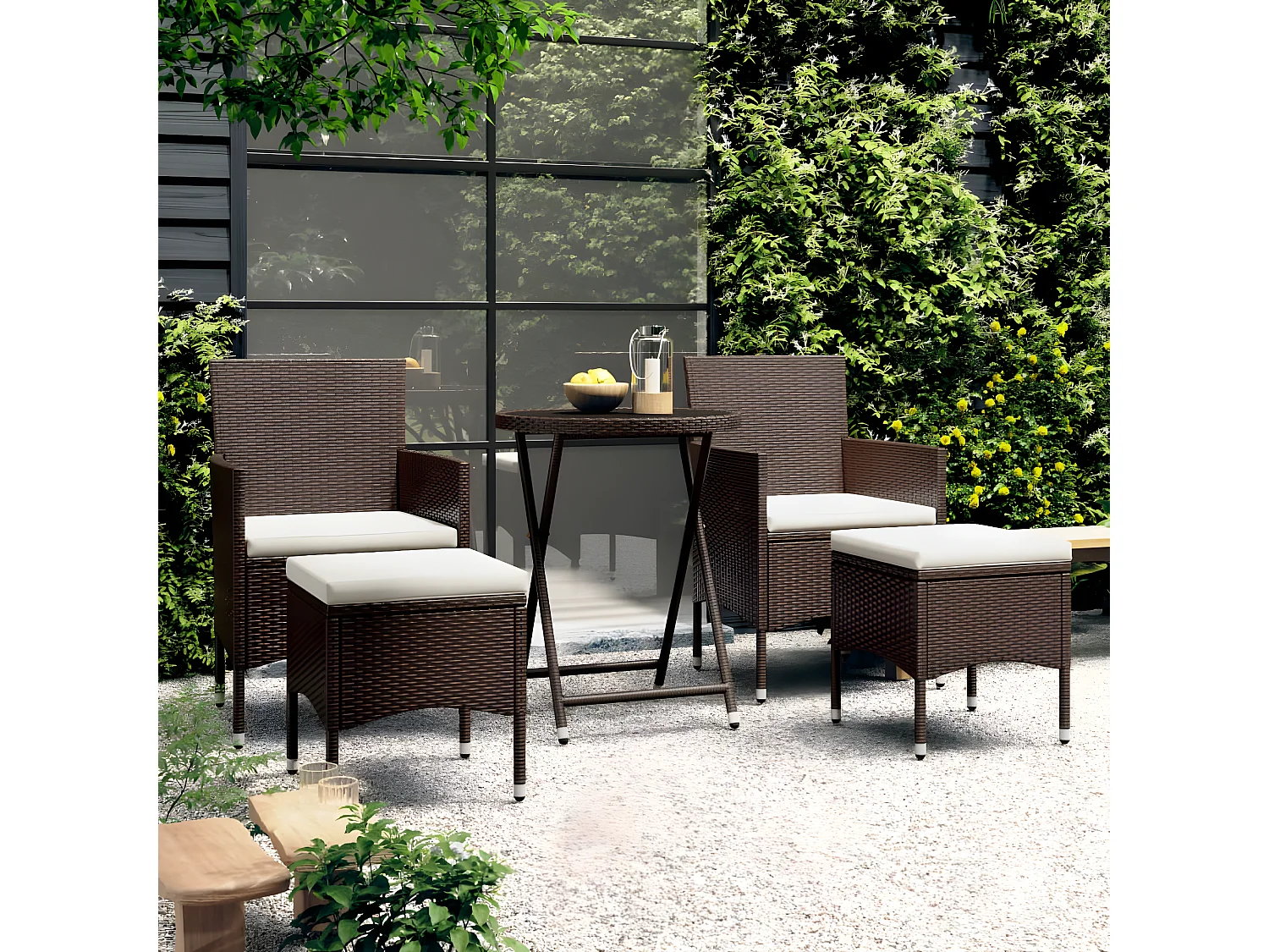 5 pzas Comedor de jardín ratán PE vidrio templado marrón KOW67600