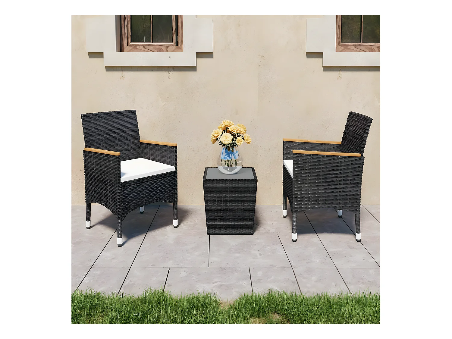 3 pcs conjunto de bistrô vime PE e vidro temperado preto PT727872