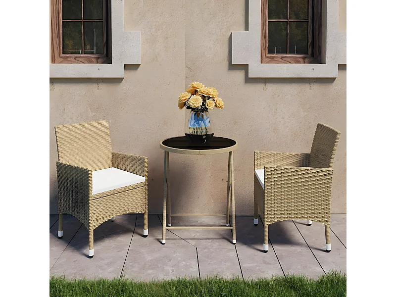 3 pzas Comedor de jardín ratán PE vidrio templado beige KOW40355