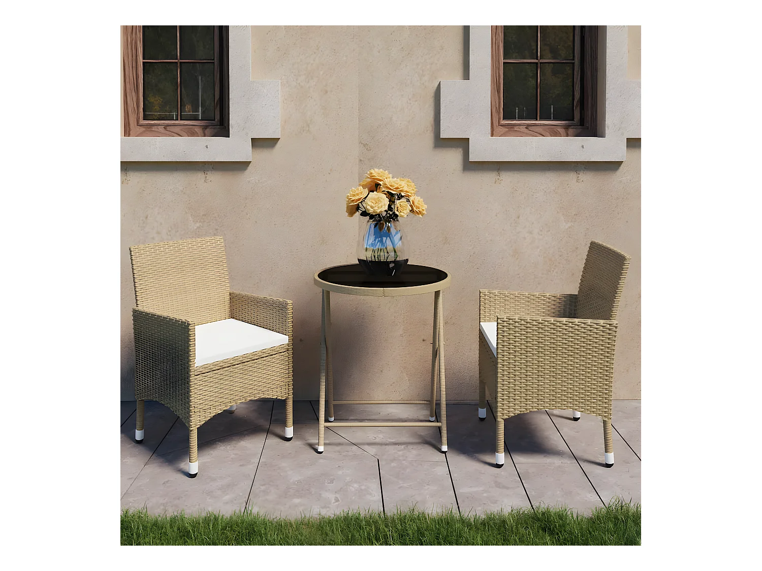 Ensemble de bistro 3 pcs Résine tressée et verre trempé Beige GFDF50689